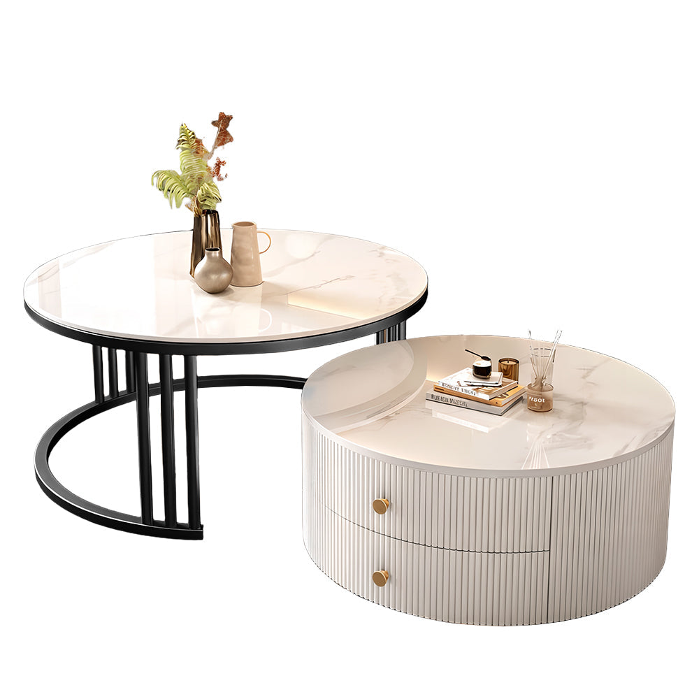 Modern Nesting Coffee Table Set with Sintered Stone Top & Hidden Storage
