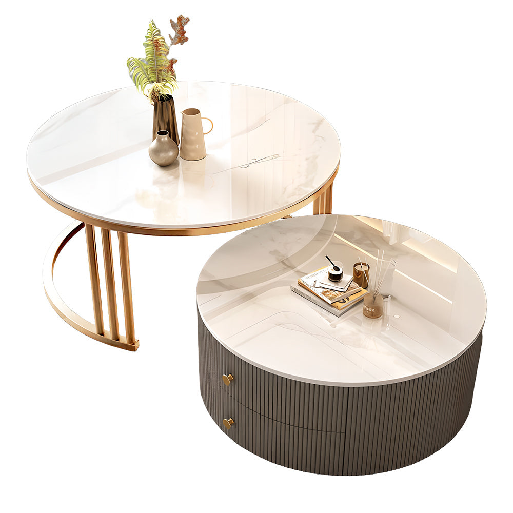 Modern Nesting Coffee Table Set with Sintered Stone Top & Hidden Storage
