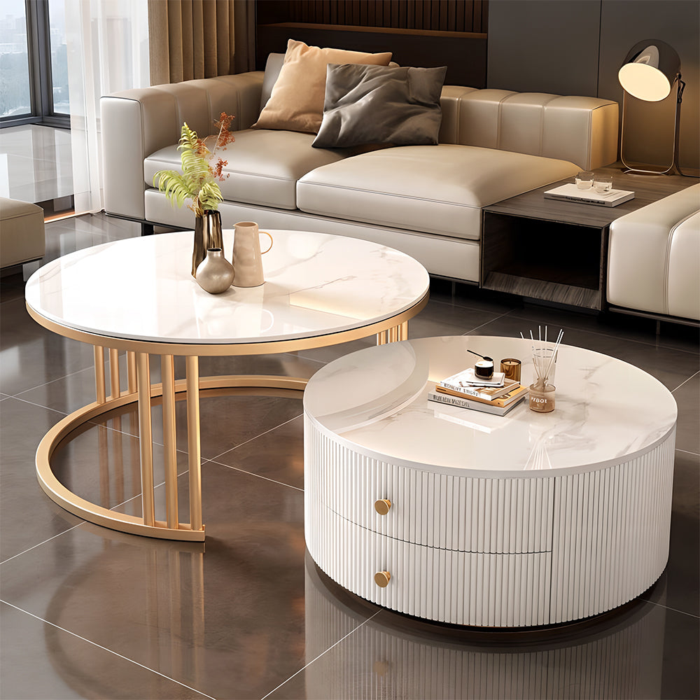 Modern Nesting Coffee Table Set with Sintered Stone Top & Hidden Storage