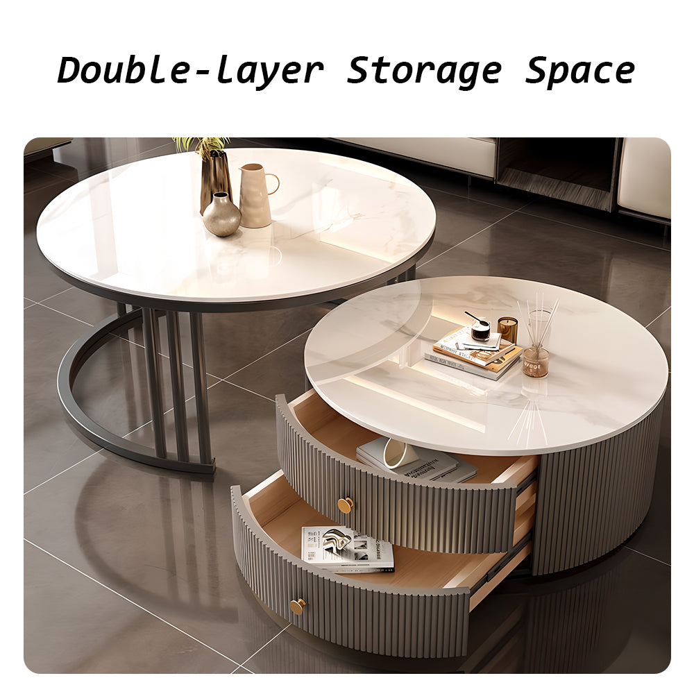 Modern Nesting Coffee Table Set with Sintered Stone Top & Hidden Storage