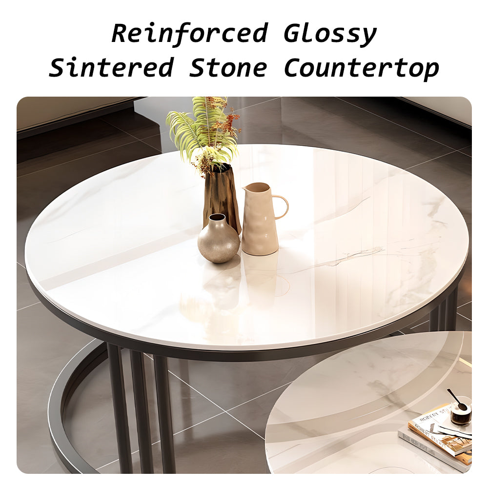 Modern Nesting Coffee Table Set with Sintered Stone Top & Hidden Storage