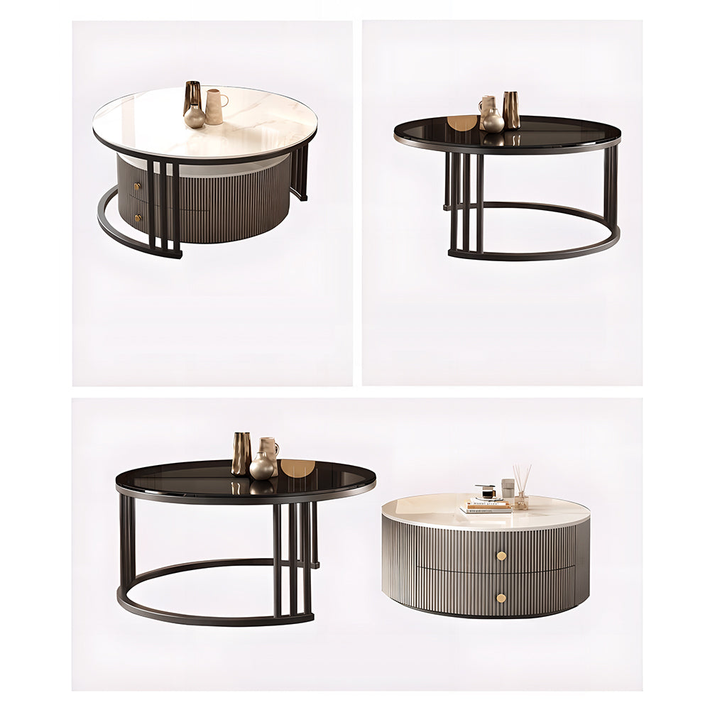 Modern Nesting Coffee Table Set with Sintered Stone Top & Hidden Storage