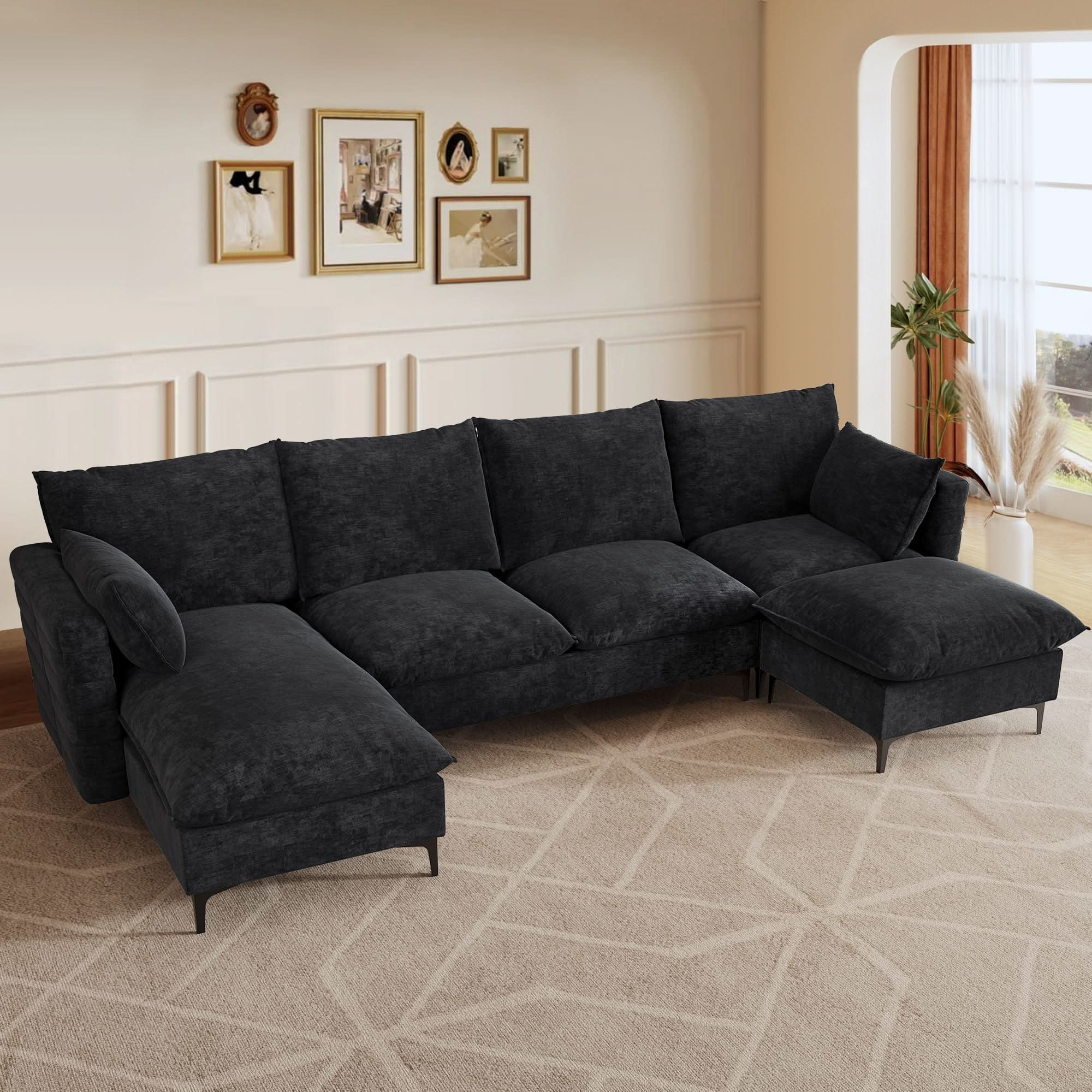 Modular Sectional Sofa Couch, U-Shaped Cloud Couches with Ottoman Chaise and Thick Cushions