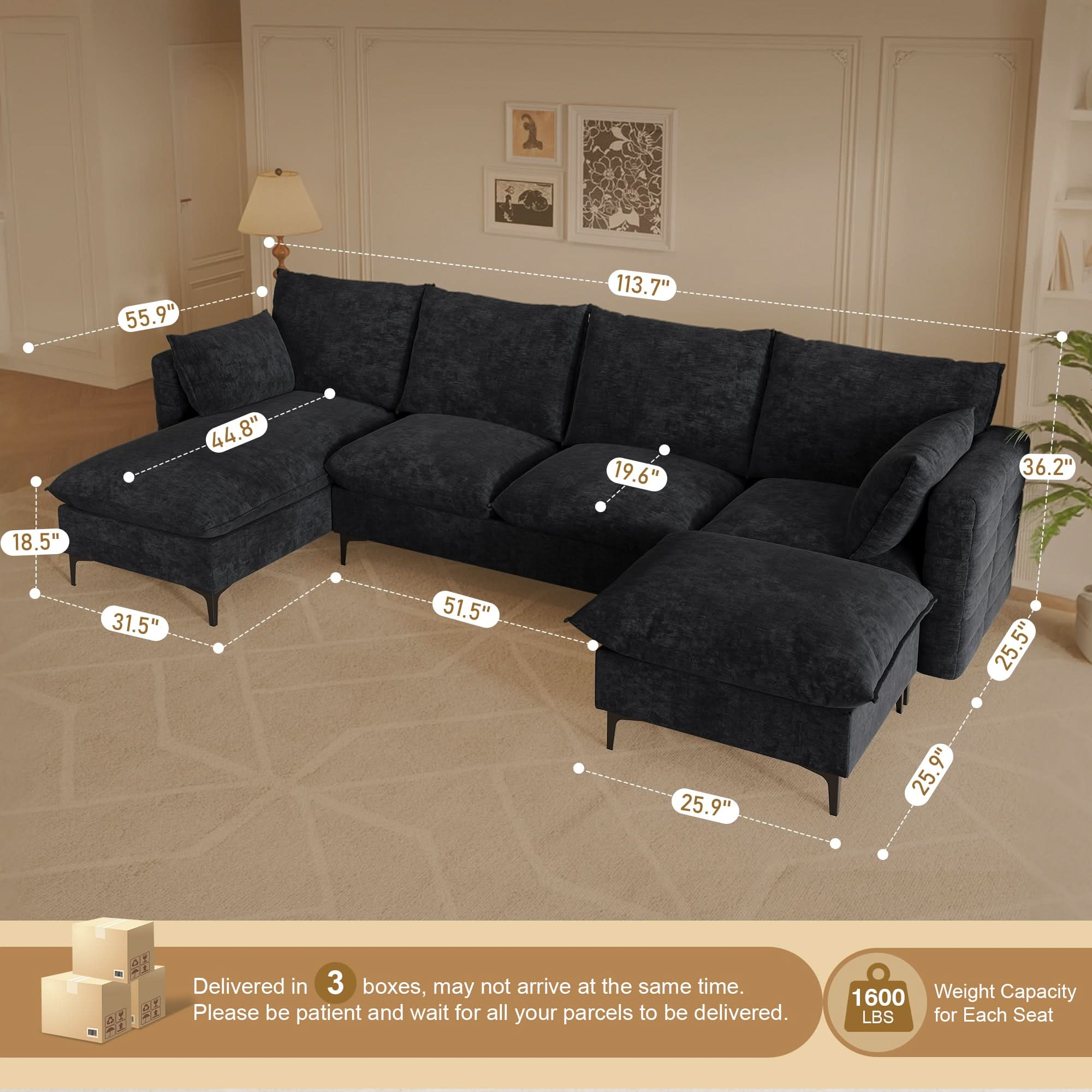 Modular Sectional Sofa Couch, U-Shaped Cloud Couches with Ottoman Chaise and Thick Cushions