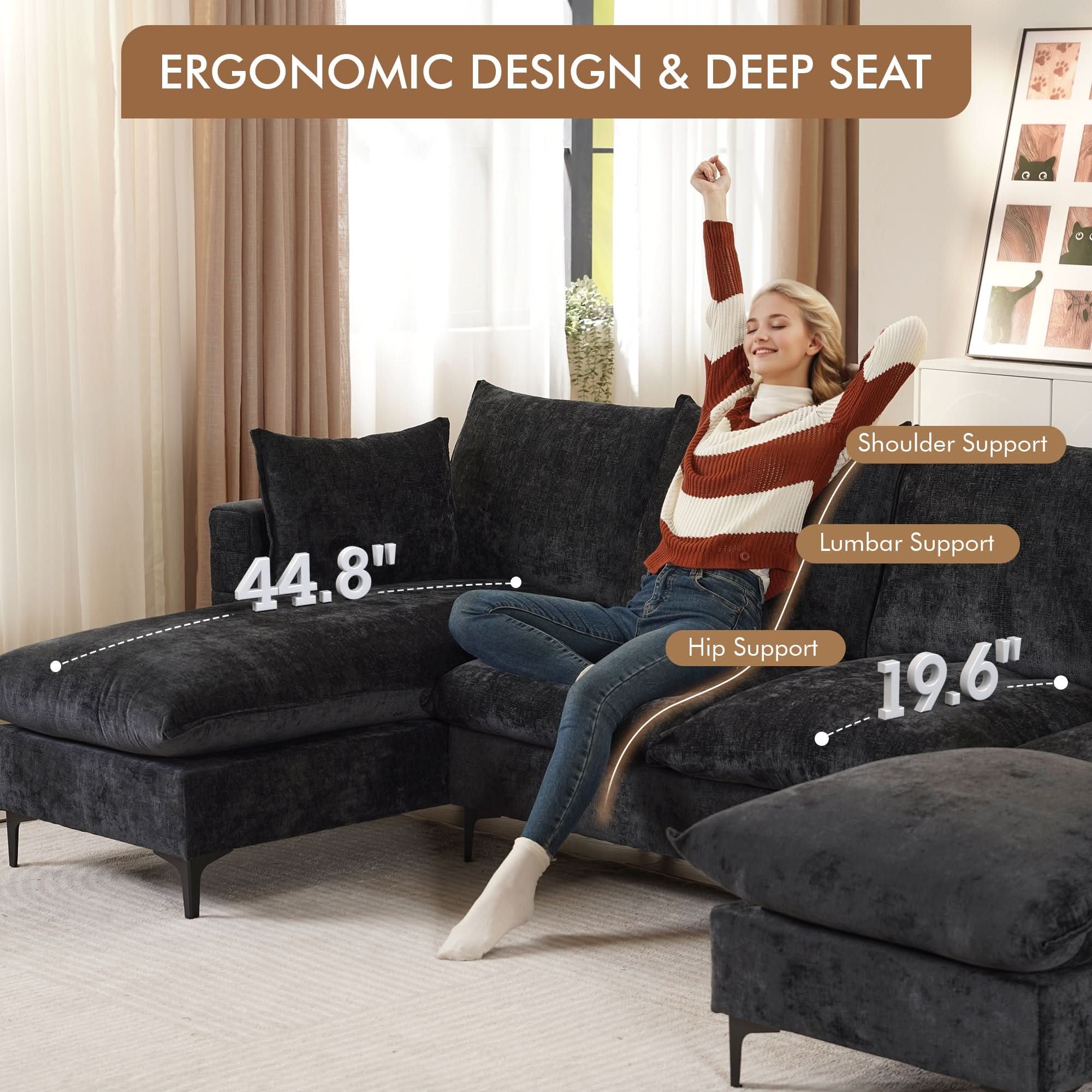 Modular Sectional Sofa Couch, U-Shaped Cloud Couches with Ottoman Chaise and Thick Cushions