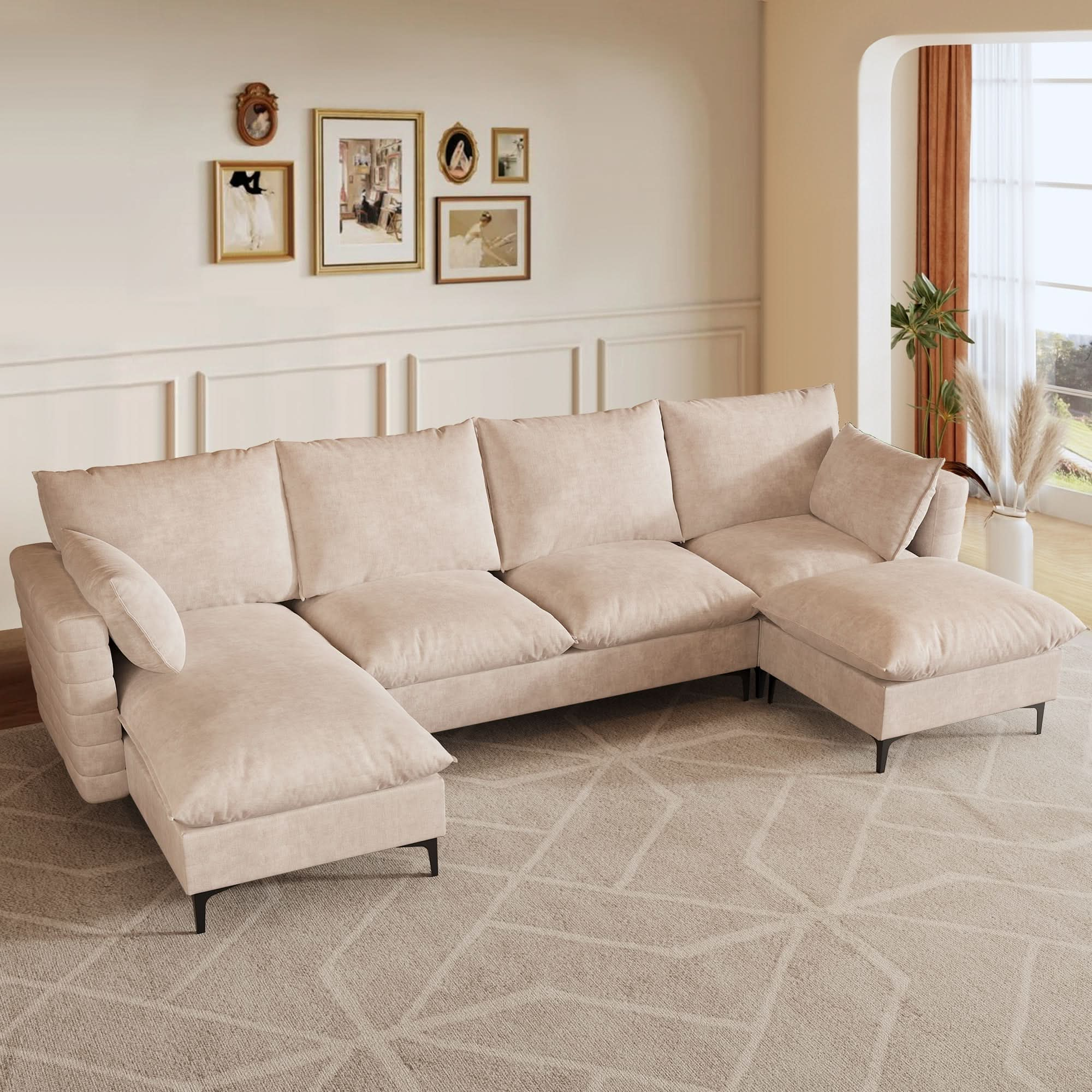 Modular Sectional Sofa Couch, U-Shaped Cloud Couches with Ottoman Chaise and Thick Cushions