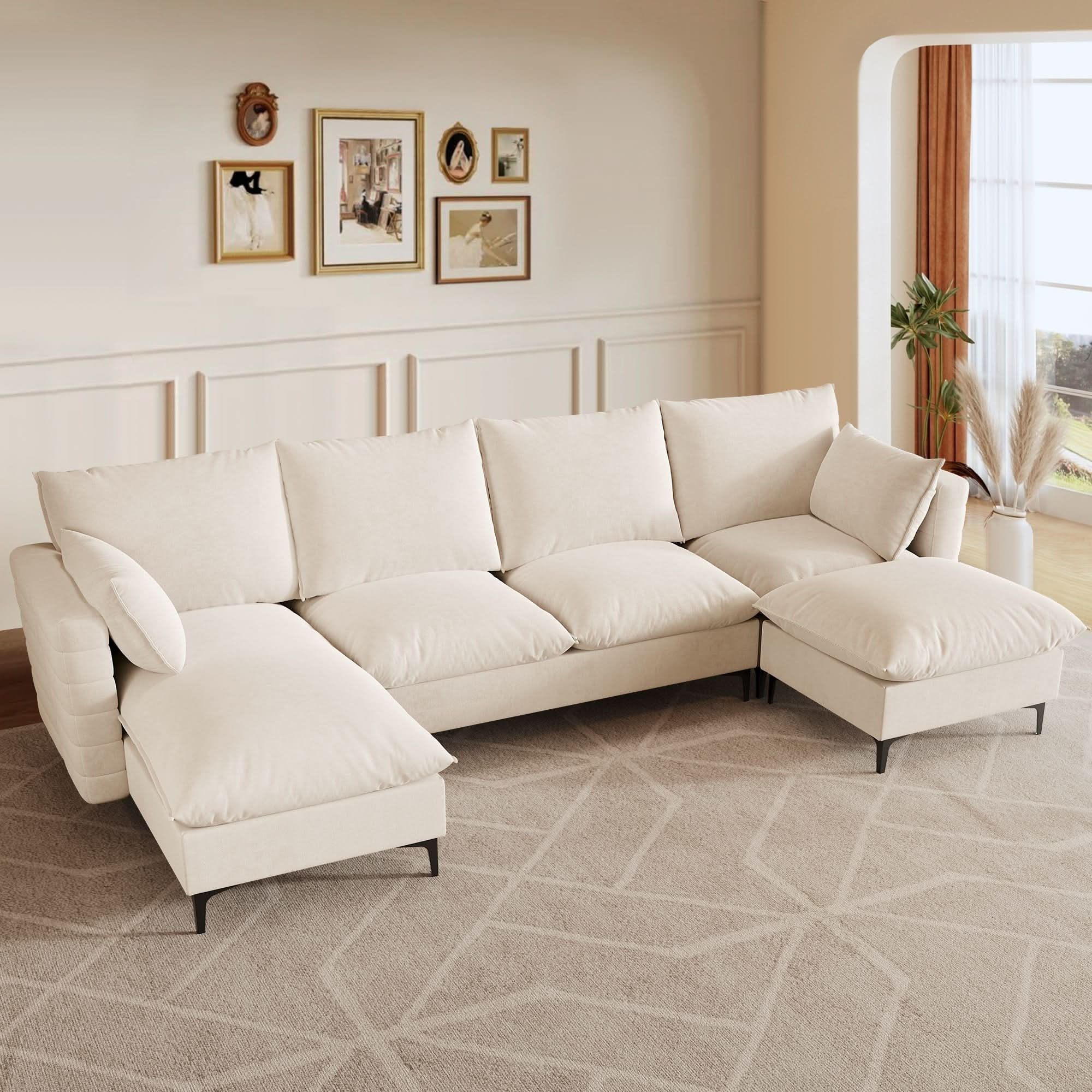 Modular Sectional Sofa Couch, U-Shaped Cloud Couches with Ottoman Chaise and Thick Cushions