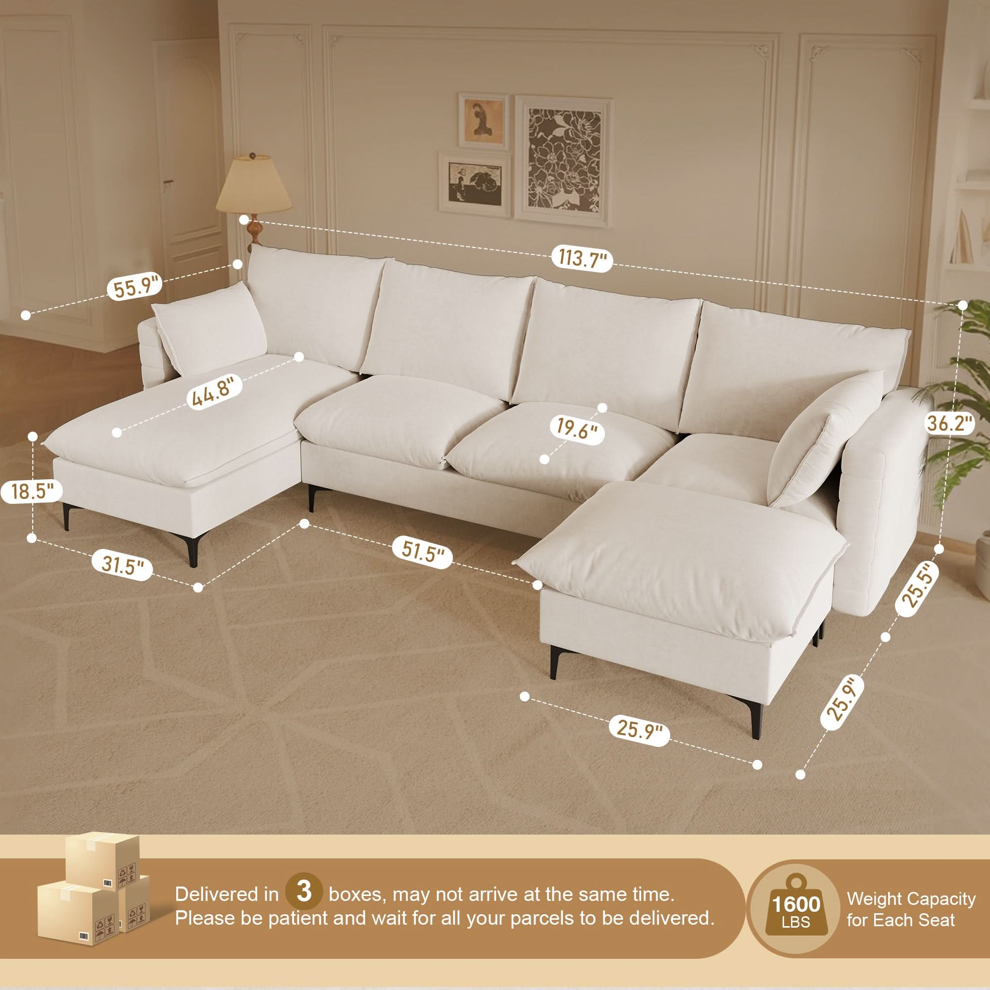 Modular Sectional Sofa Couch, U-Shaped Cloud Couches with Ottoman Chaise and Thick Cushions