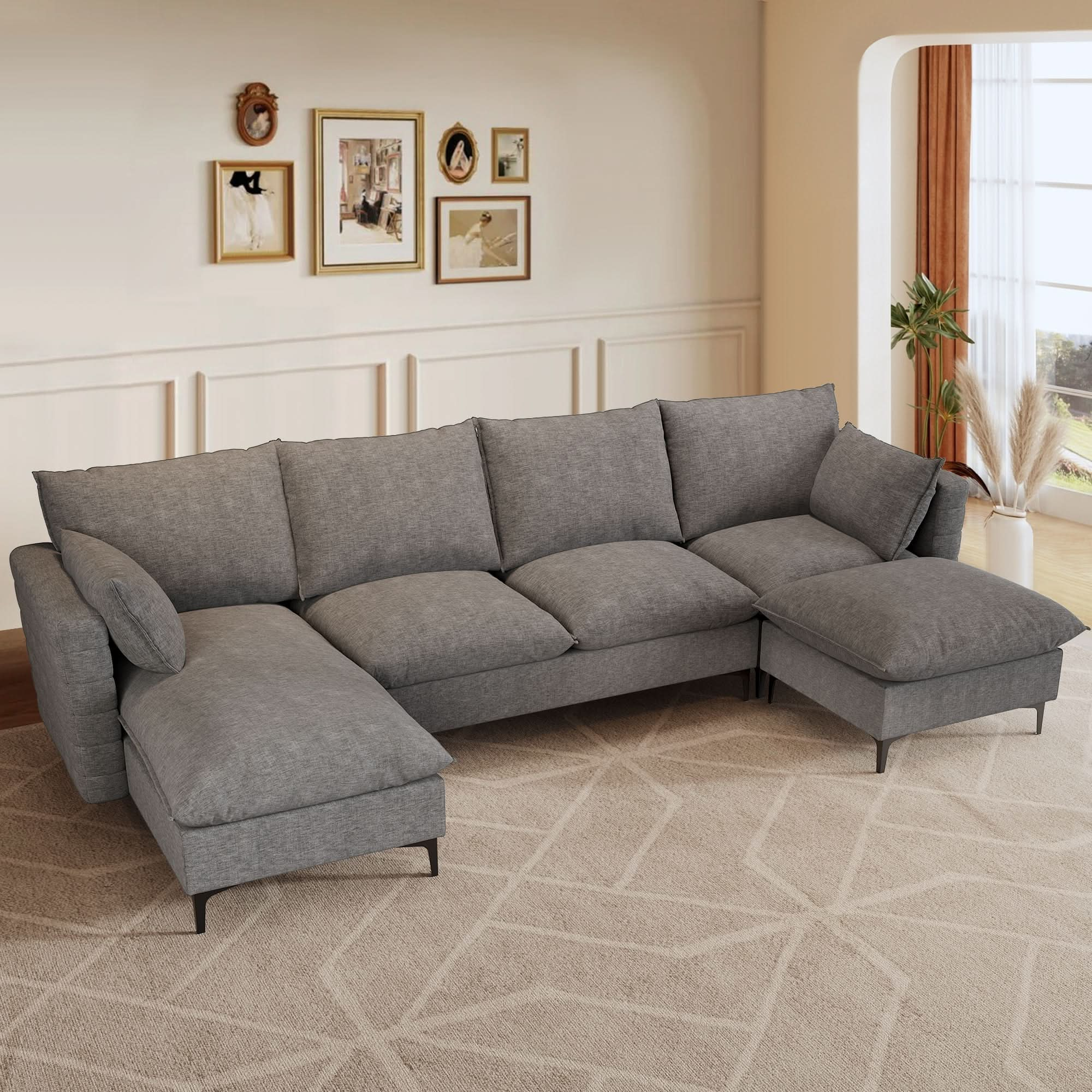 Modular Sectional Sofa Couch, U-Shaped Cloud Couches with Ottoman Chaise and Thick Cushions