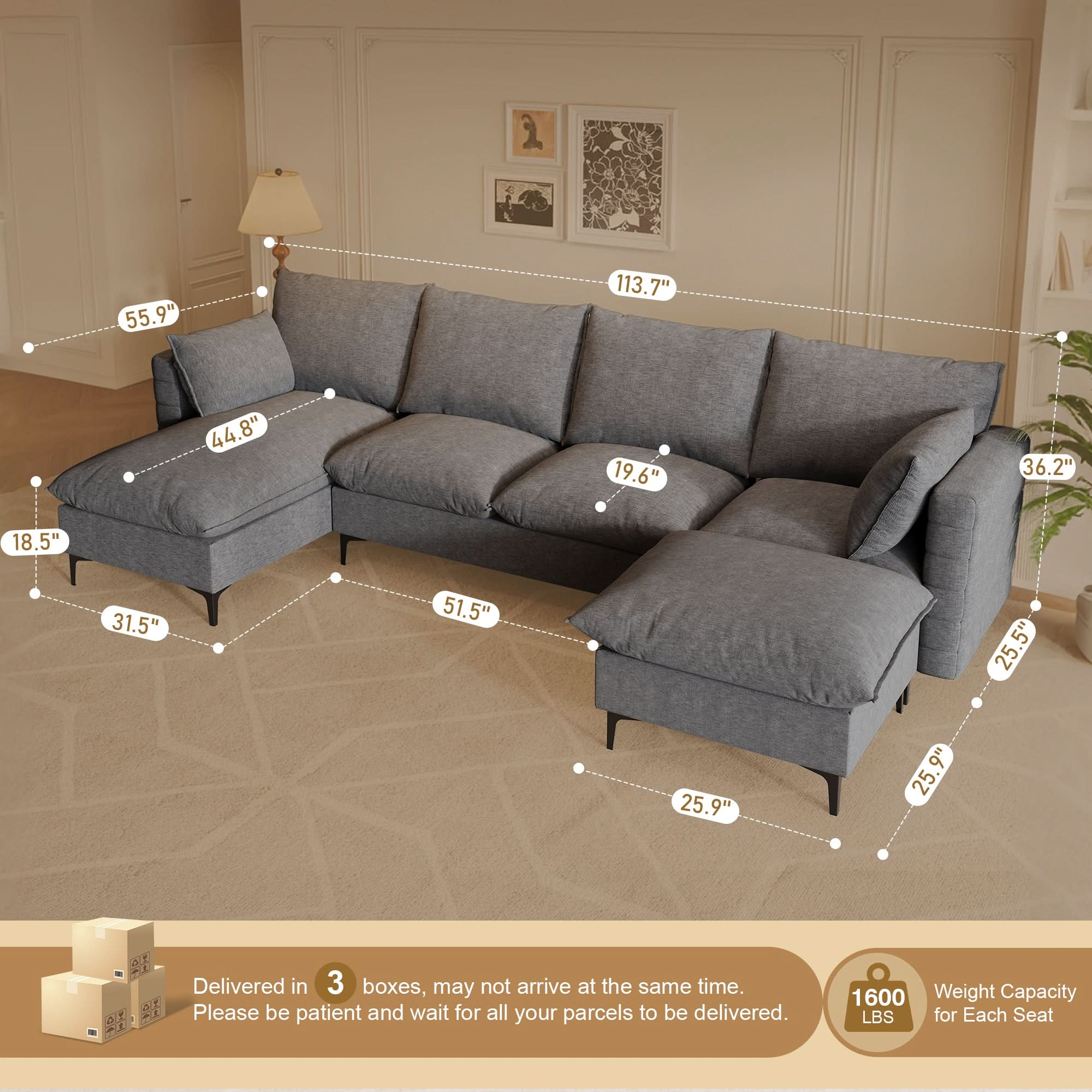 Modular Sectional Sofa Couch, U-Shaped Cloud Couches with Ottoman Chaise and Thick Cushions