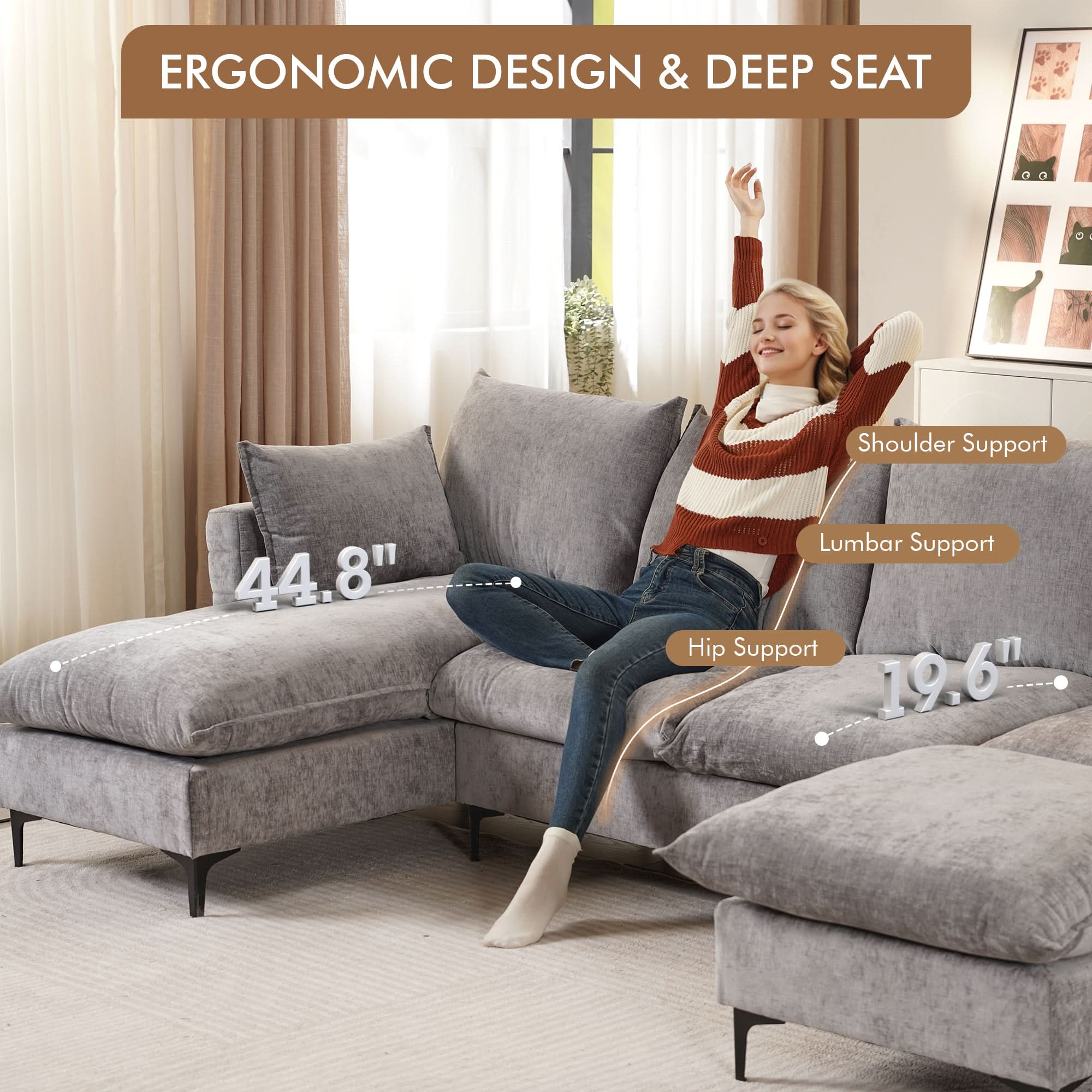 Modular Sectional Sofa Couch, U-Shaped Cloud Couches with Ottoman Chaise and Thick Cushions