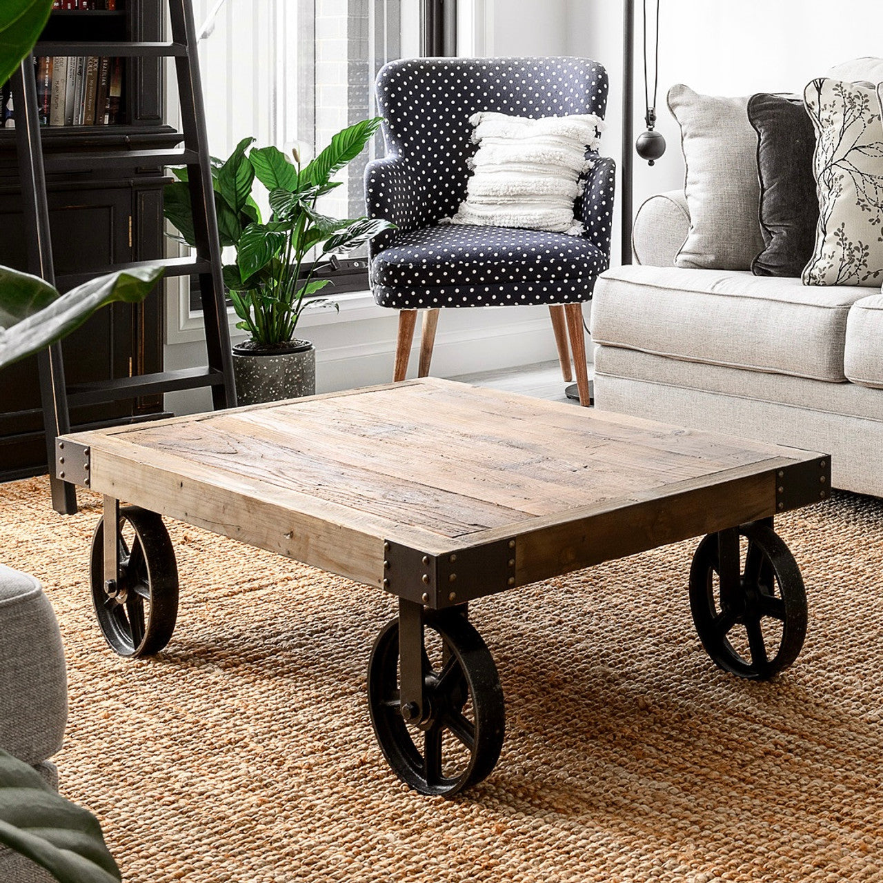 Hagrid Coffee Table with 4 wheels - Made from recycled materials including metal, wood and hardware