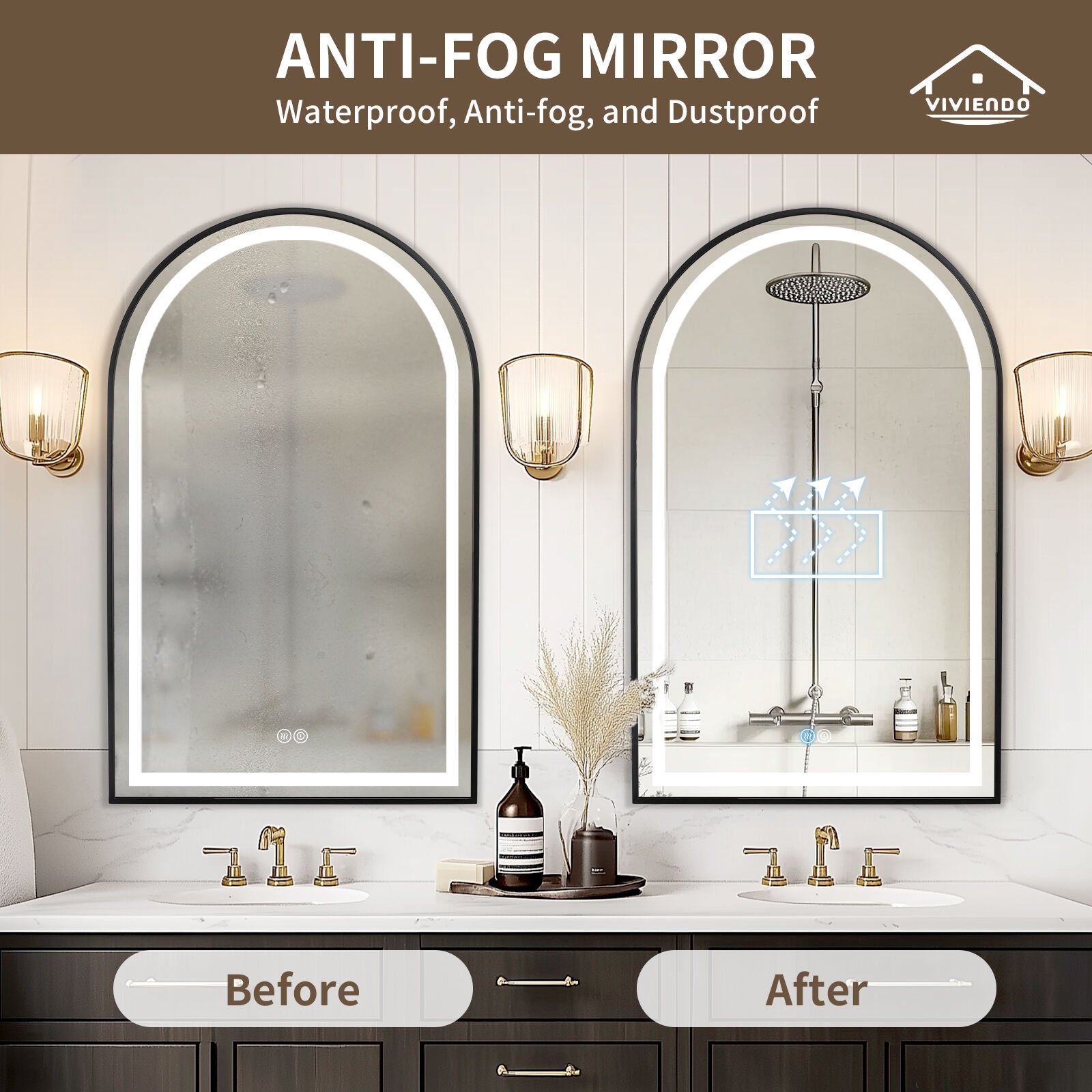 Arch Bathroom Wall Mirror Anti-Fog LED Vanity Makeup Mirrors 50x90cm