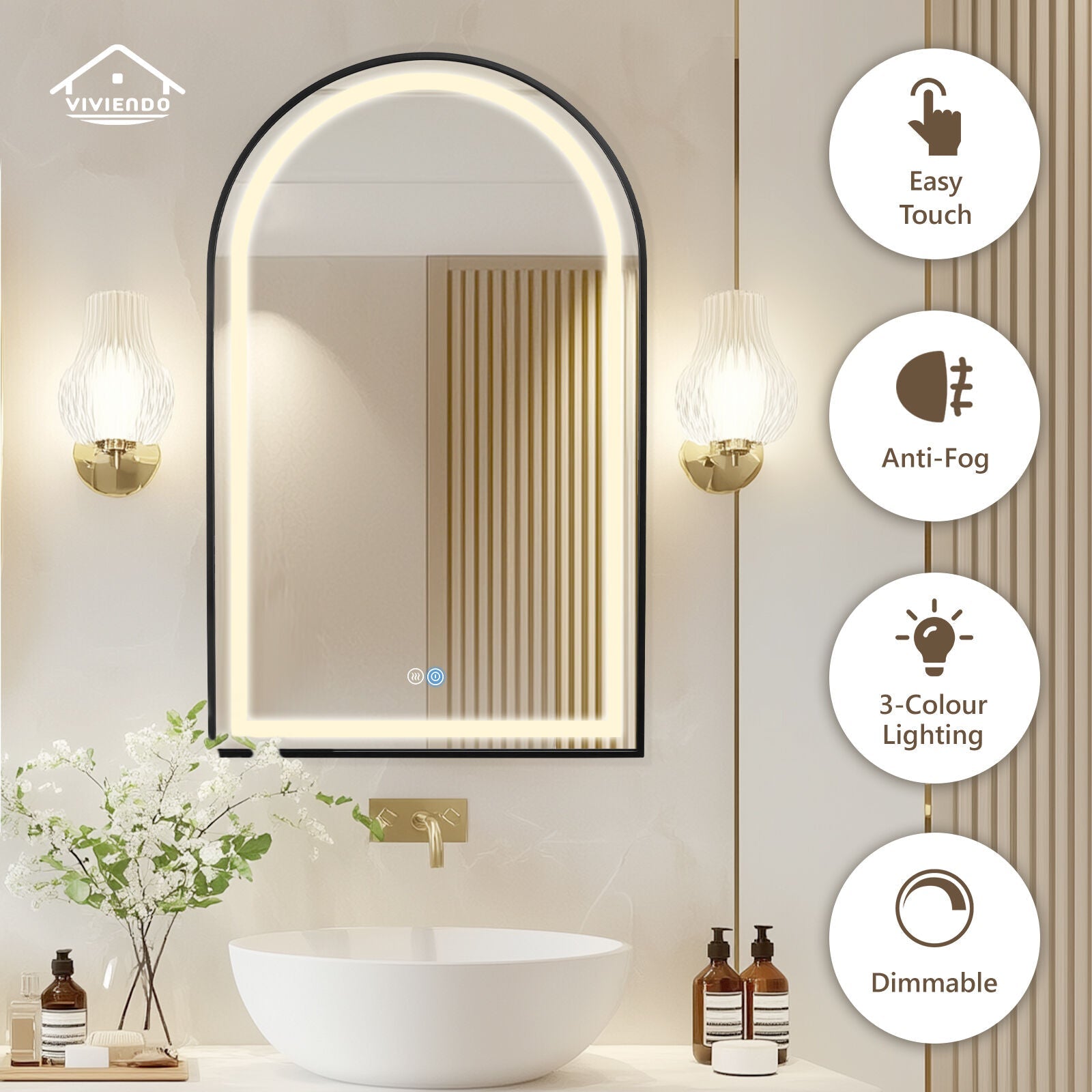 Arch Bathroom Wall Mirror Anti-Fog LED Vanity Makeup Mirrors 50x90cm