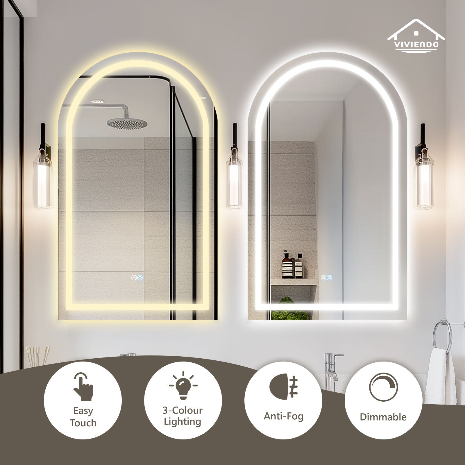 Arch Bathroom Wall Mirror Anti-Fog Vanity Makeup LED Mirrors 50x90cm