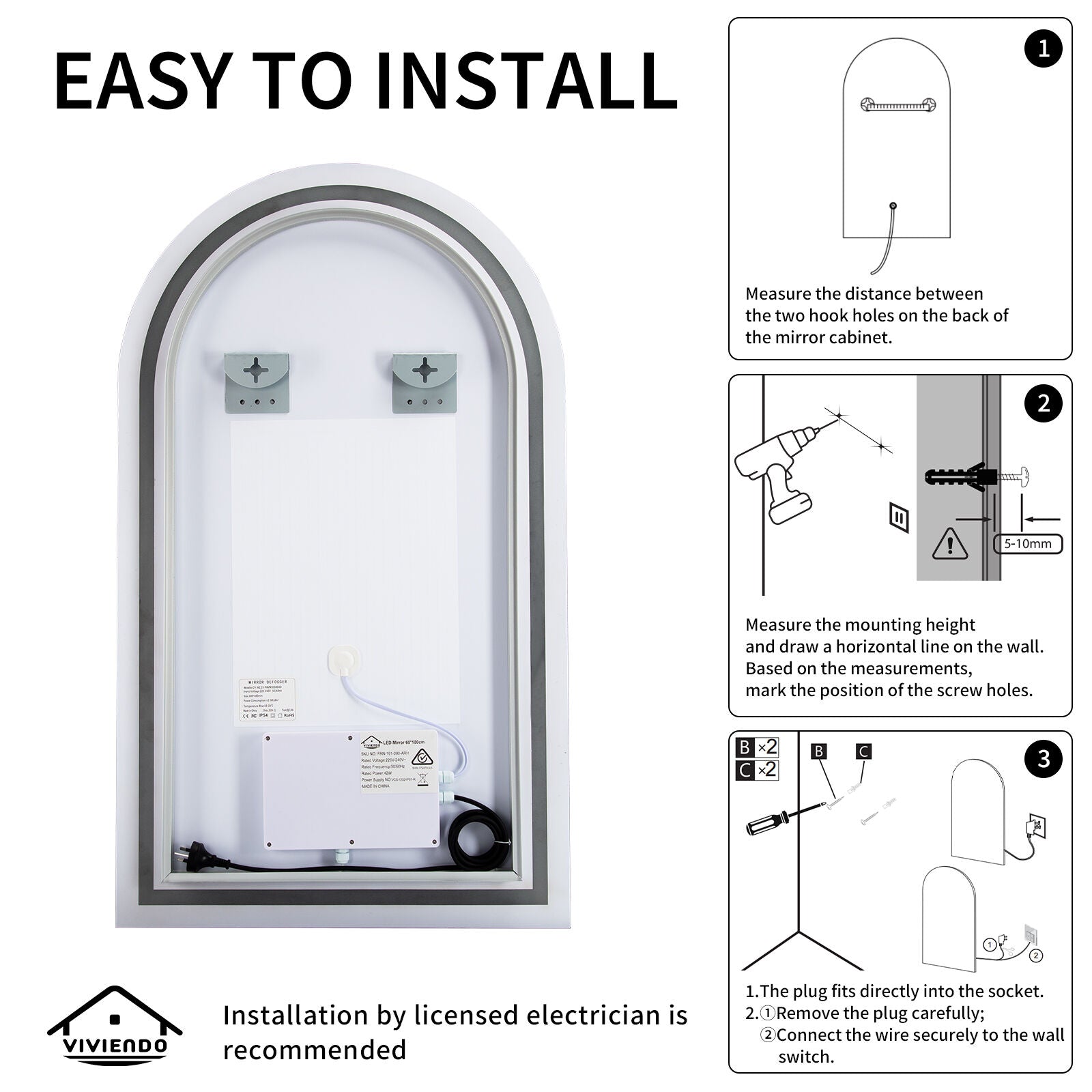 Arch Bathroom Wall Mirror Anti-Fog Vanity Makeup LED Mirrors 50x90cm