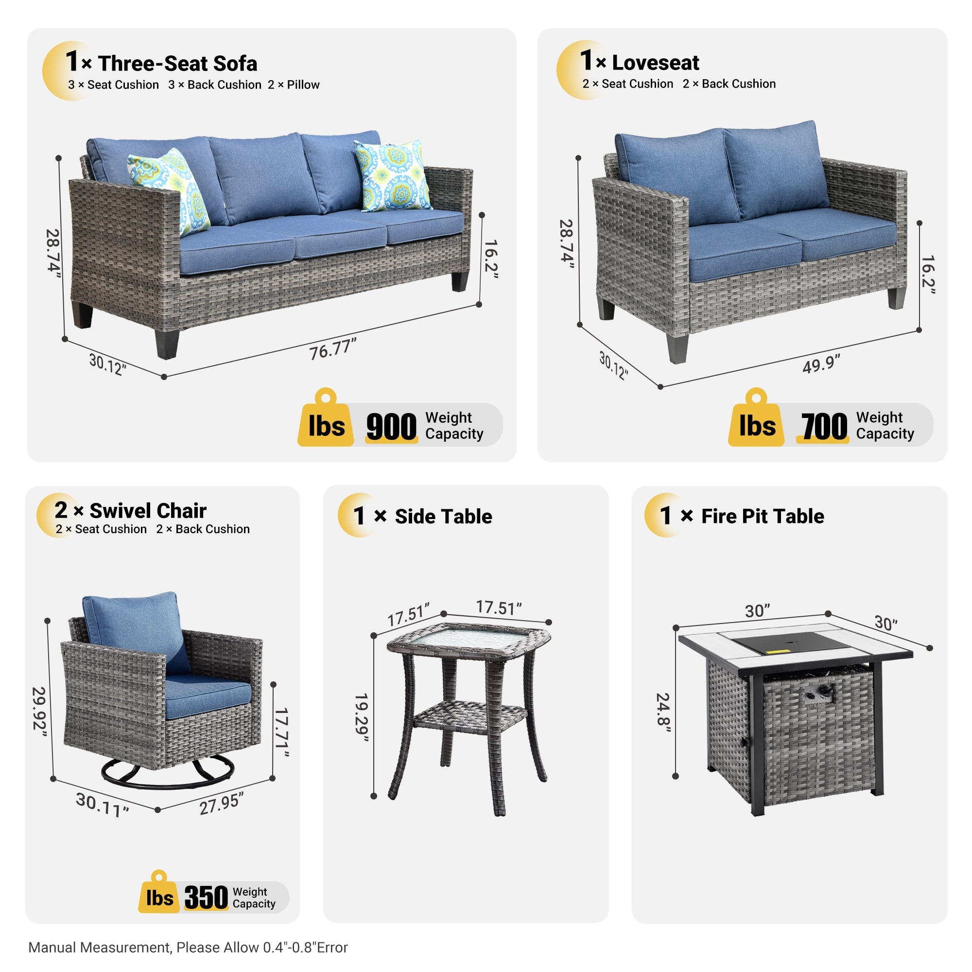 Patio Vultros 6-Piece Set With Swivel Chair Lover seat and 30'' Propane Fire Pit Table