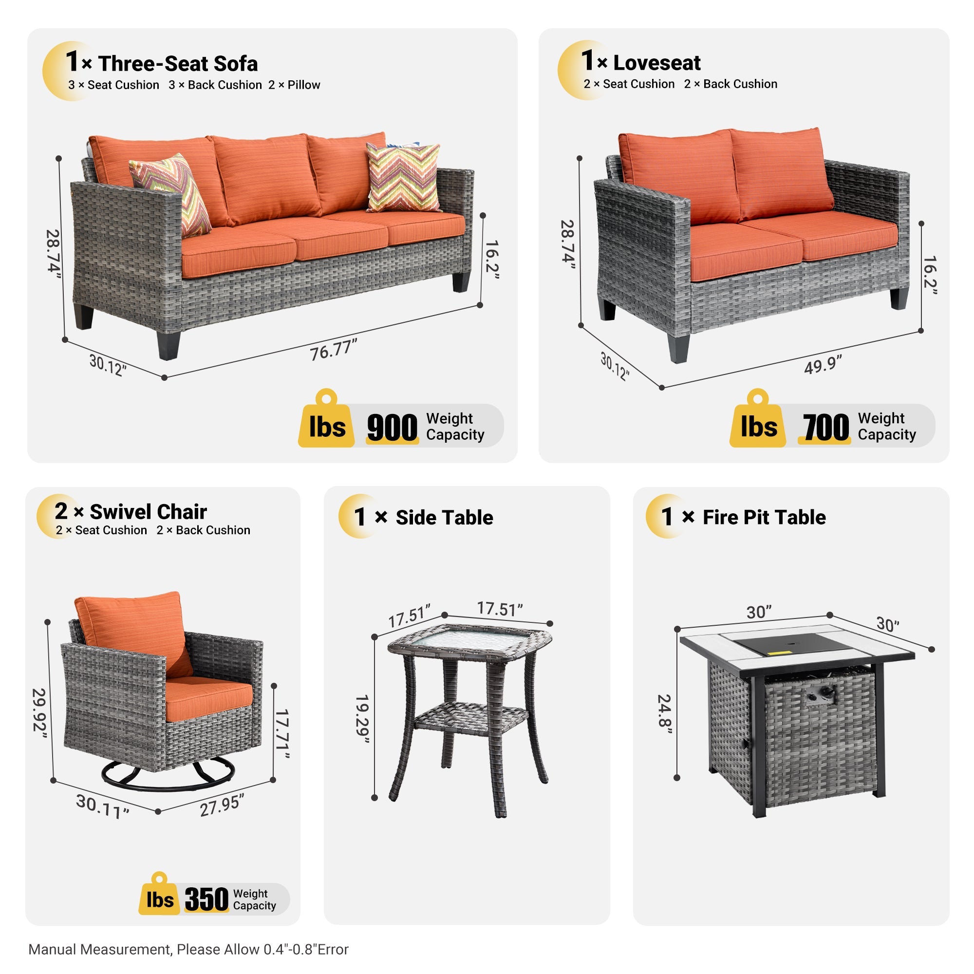 Patio Vultros 6-Piece Set With Swivel Chair Lover seat and 30'' Propane Fire Pit Table