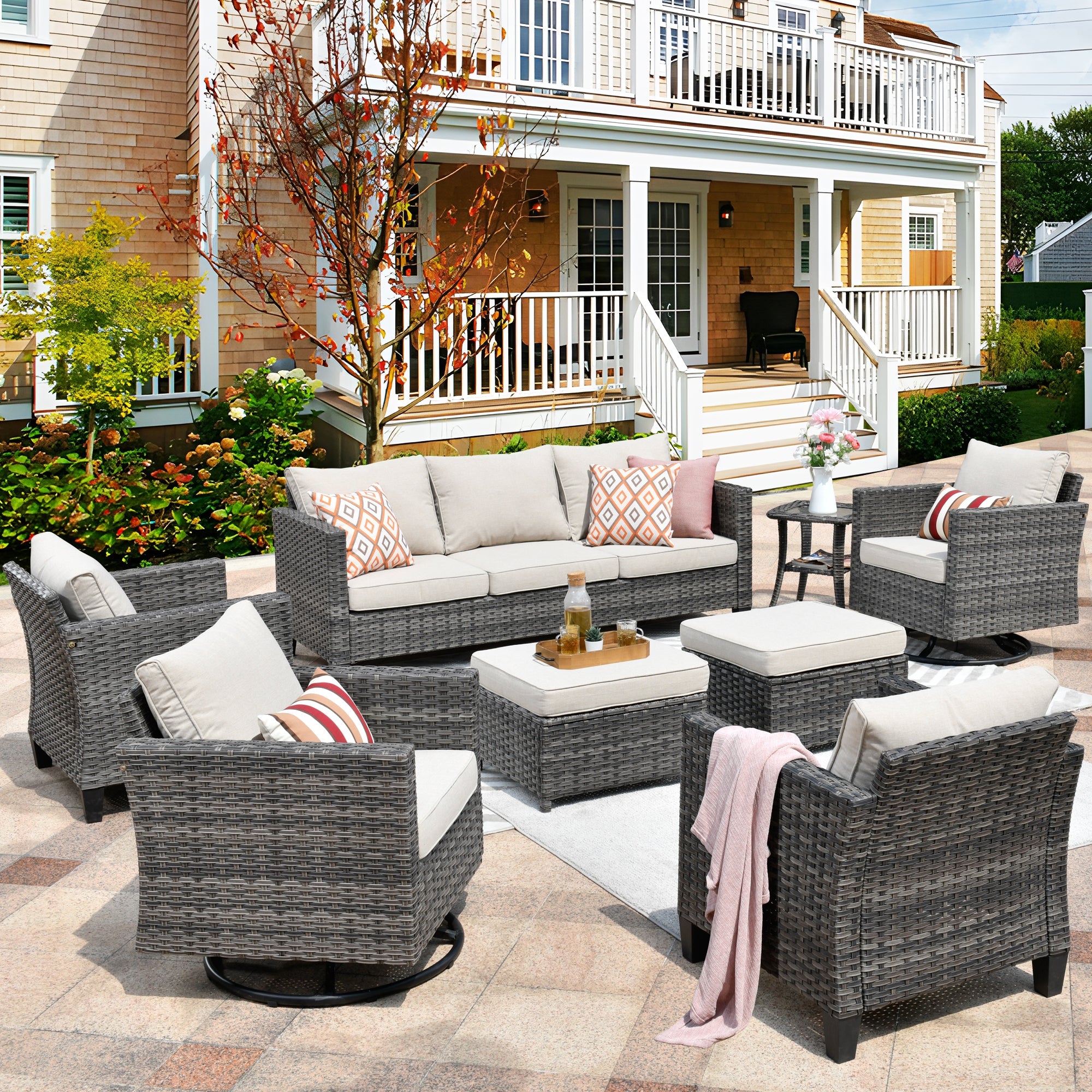 Patio Conversation Set 8-Piece with Swivel Rocking Chairs and Table