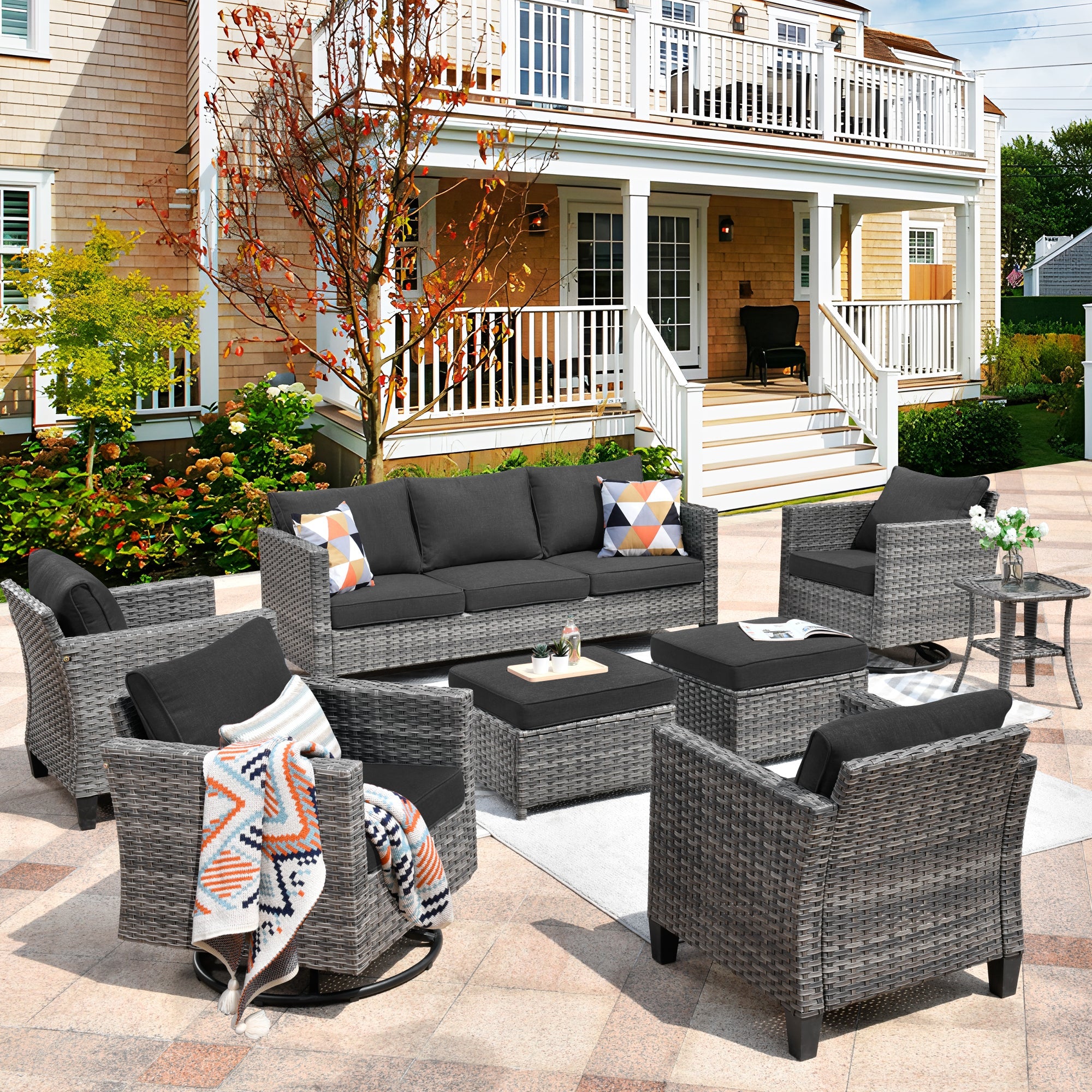 Patio Conversation Set 8-Piece with Swivel Rocking Chairs and Table