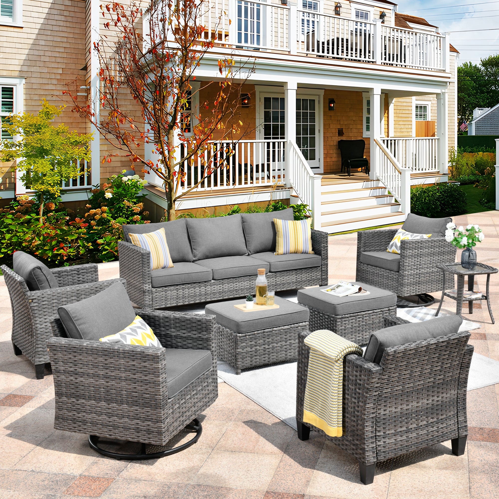 Patio Conversation Set 8-Piece with Swivel Rocking Chairs and Table