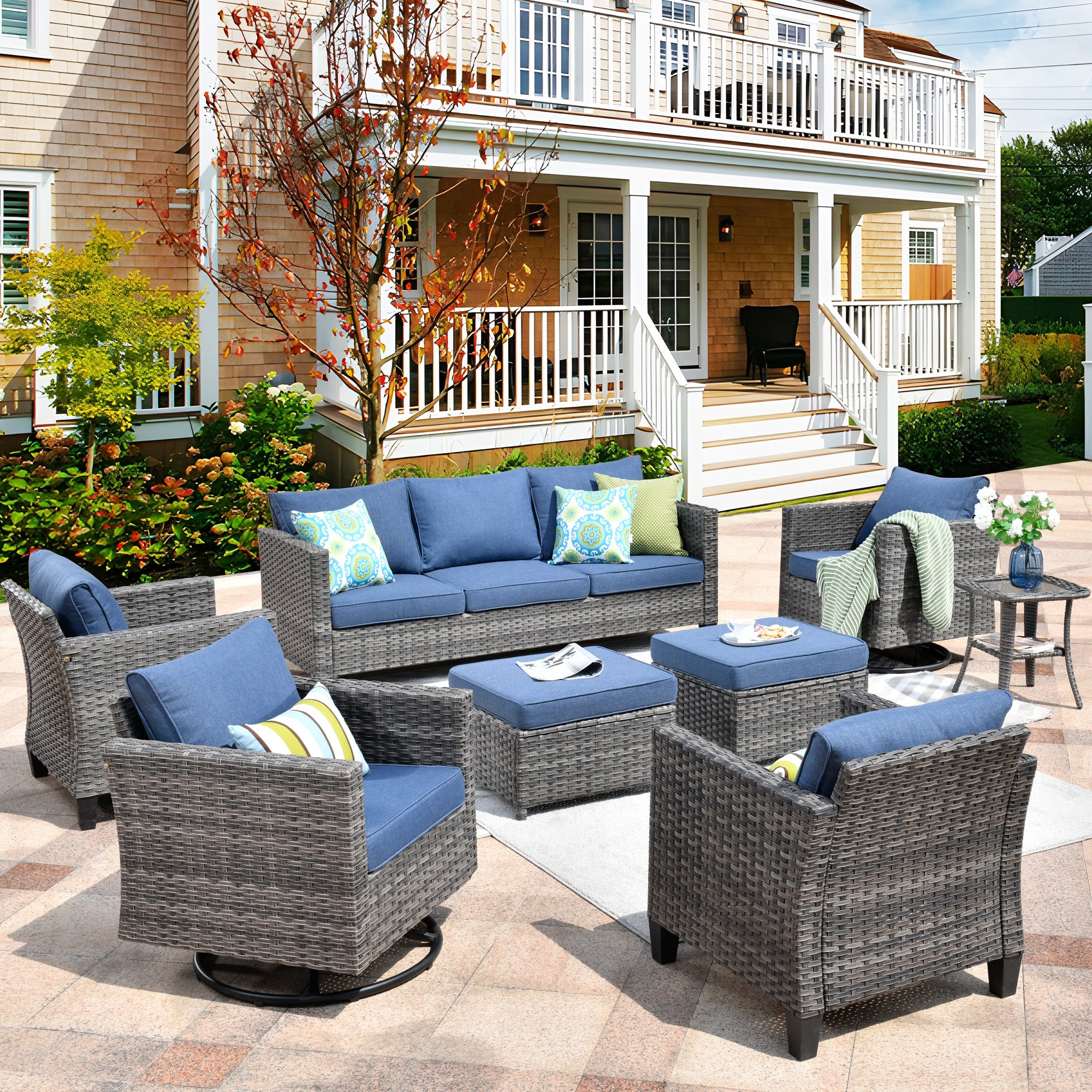 Patio Conversation Set 8-Piece with Swivel Rocking Chairs and Table