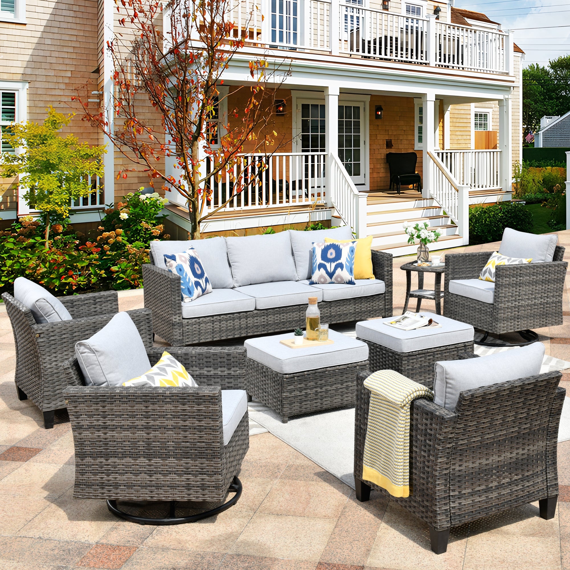 Patio Conversation Set 8-Piece with Swivel Rocking Chairs and Table