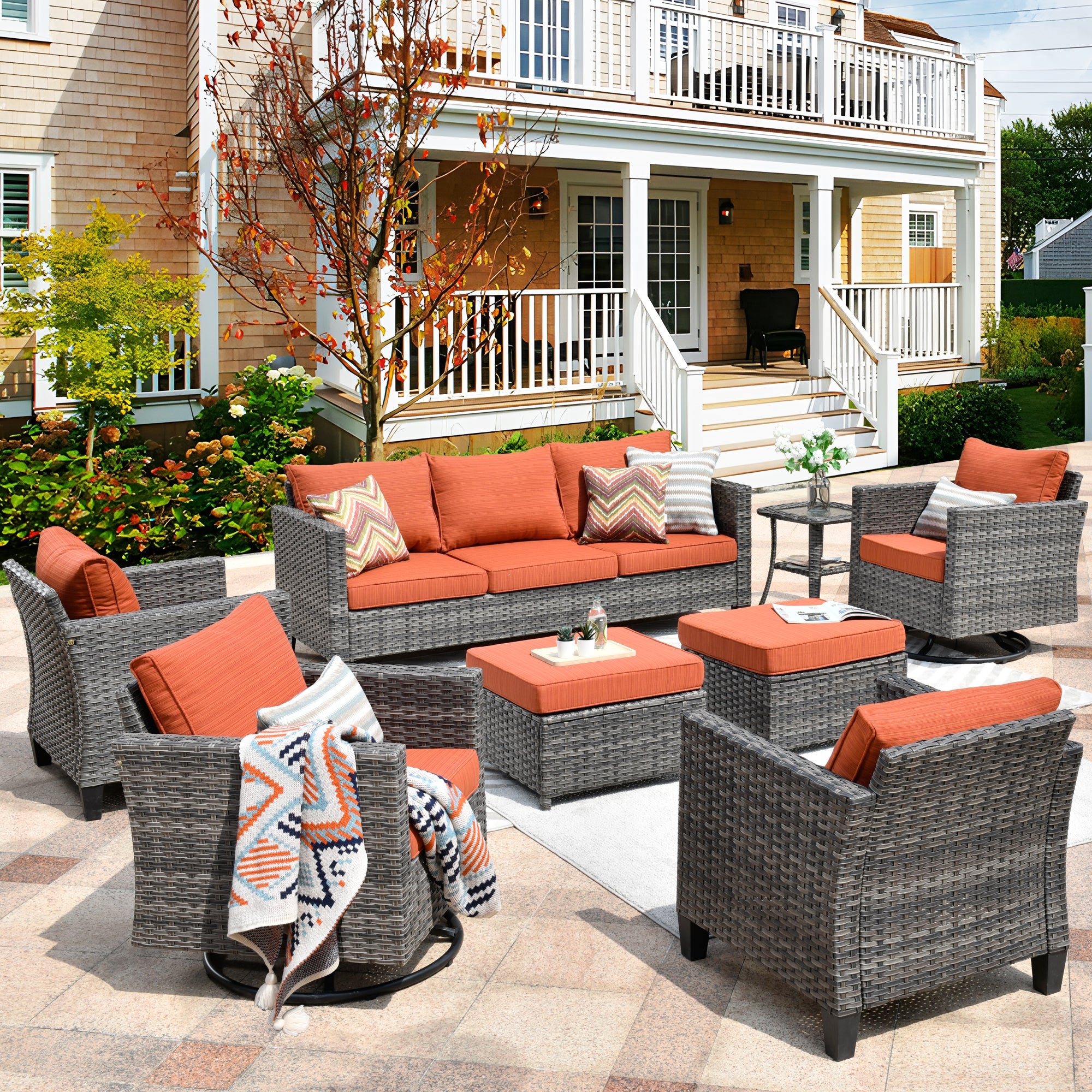 Patio Conversation Set 8-Piece with Swivel Rocking Chairs and Table