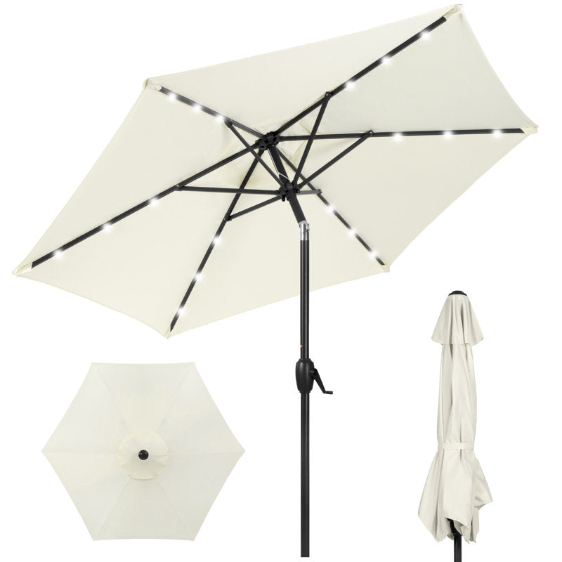 Sheldon 7.5Ft Outdoor Solar Patio Umbrella For Deck, Pool W/ Tilt, Crank, LED Lights