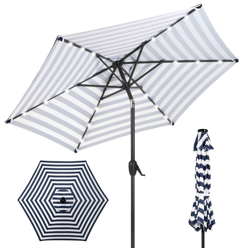 Sheldon 7.5Ft Outdoor Solar Patio Umbrella For Deck, Pool W/ Tilt, Crank, LED Lights