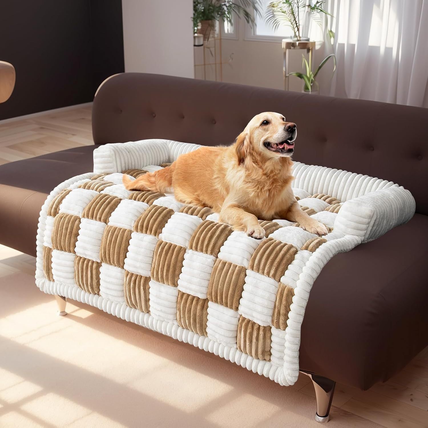 Cream Square Plaid Cozy Dog Mat Furniture Protector Cover
