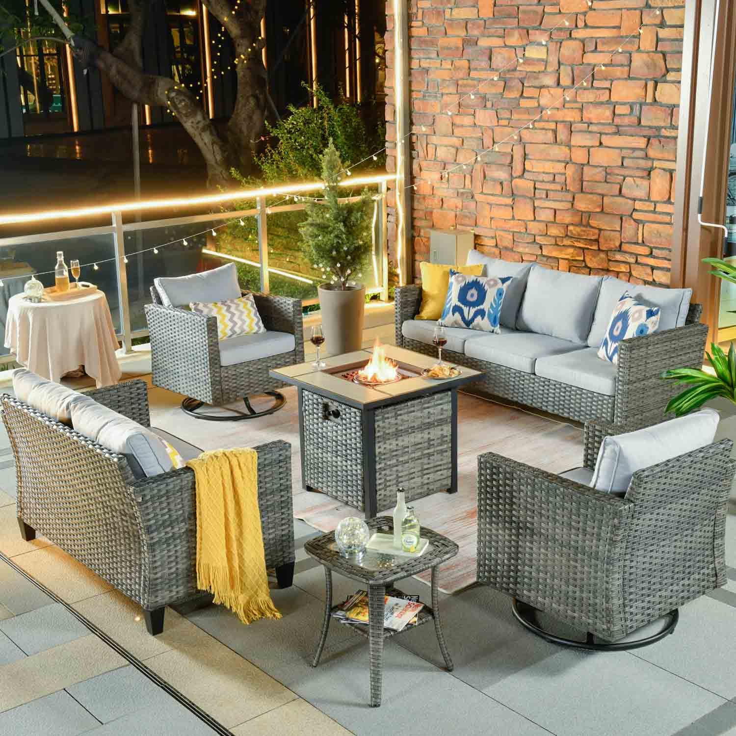 Patio Vultros 6-Piece Set With Swivel Chair Lover seat and 30'' Propane Fire Pit Table