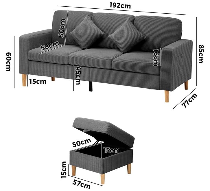 Pomaire 3 Seater Sofa with Storage Ottoman