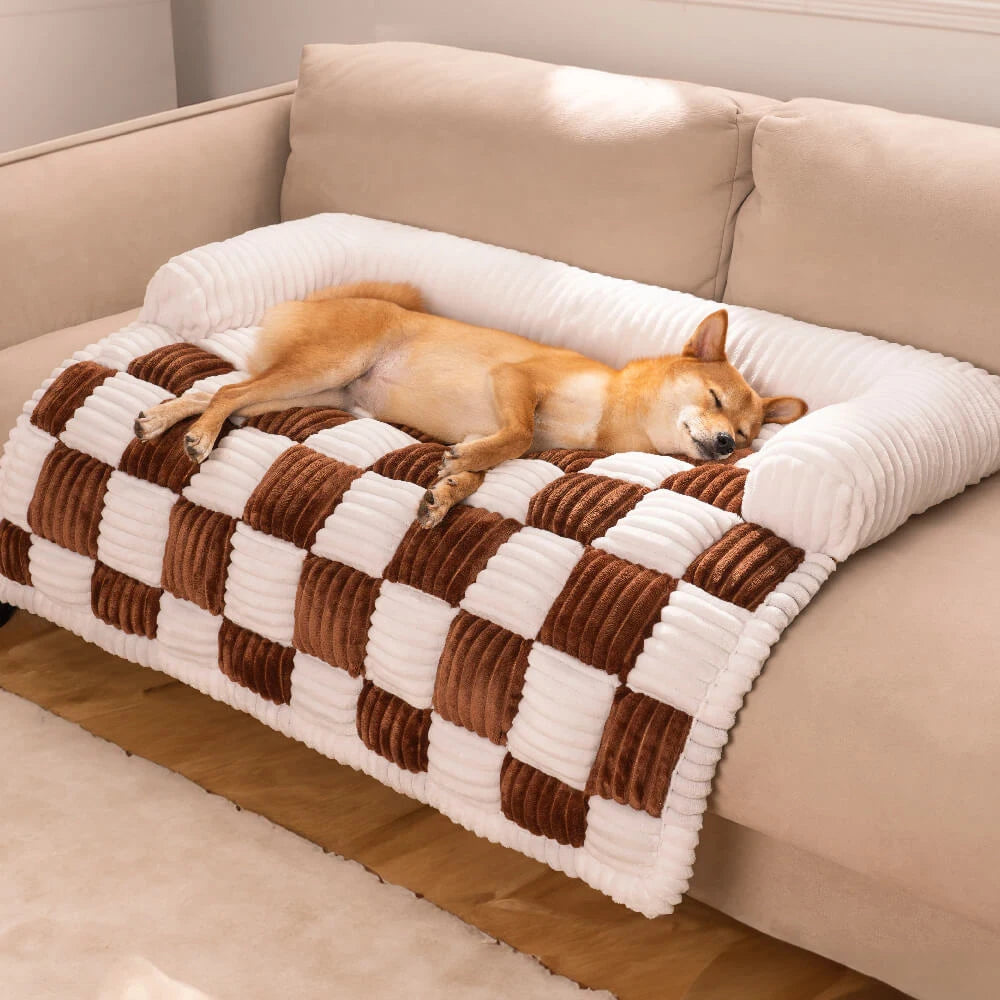 Cream Square Plaid Cozy Dog Mat Furniture Protector Cover
