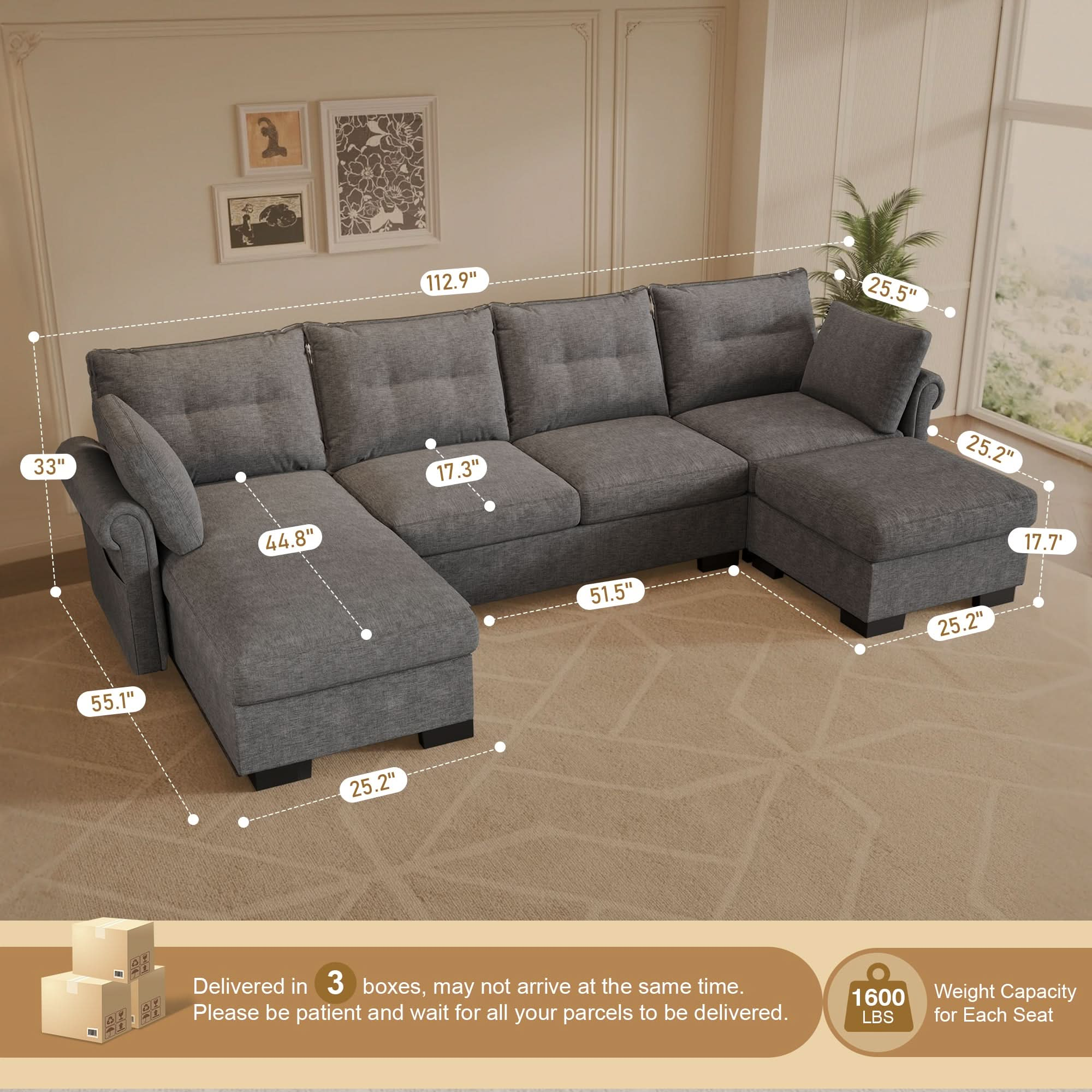 U Shaped Sectional Sofa Cloud Couch,Comfy Chenille Modular Sectional Couches with Ottoman