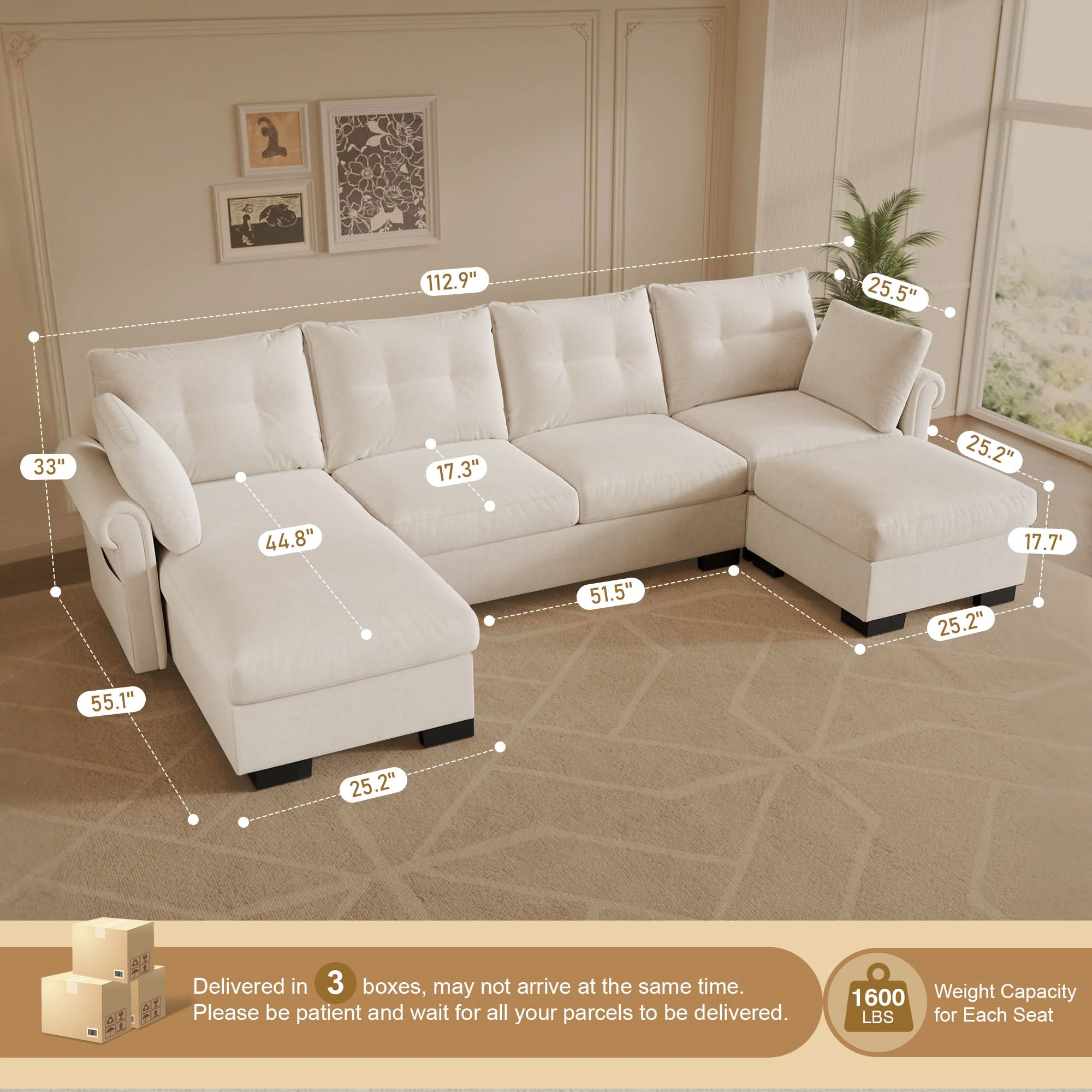 U Shaped Sectional Sofa Cloud Couch,Comfy Chenille Modular Sectional Couches with Ottoman