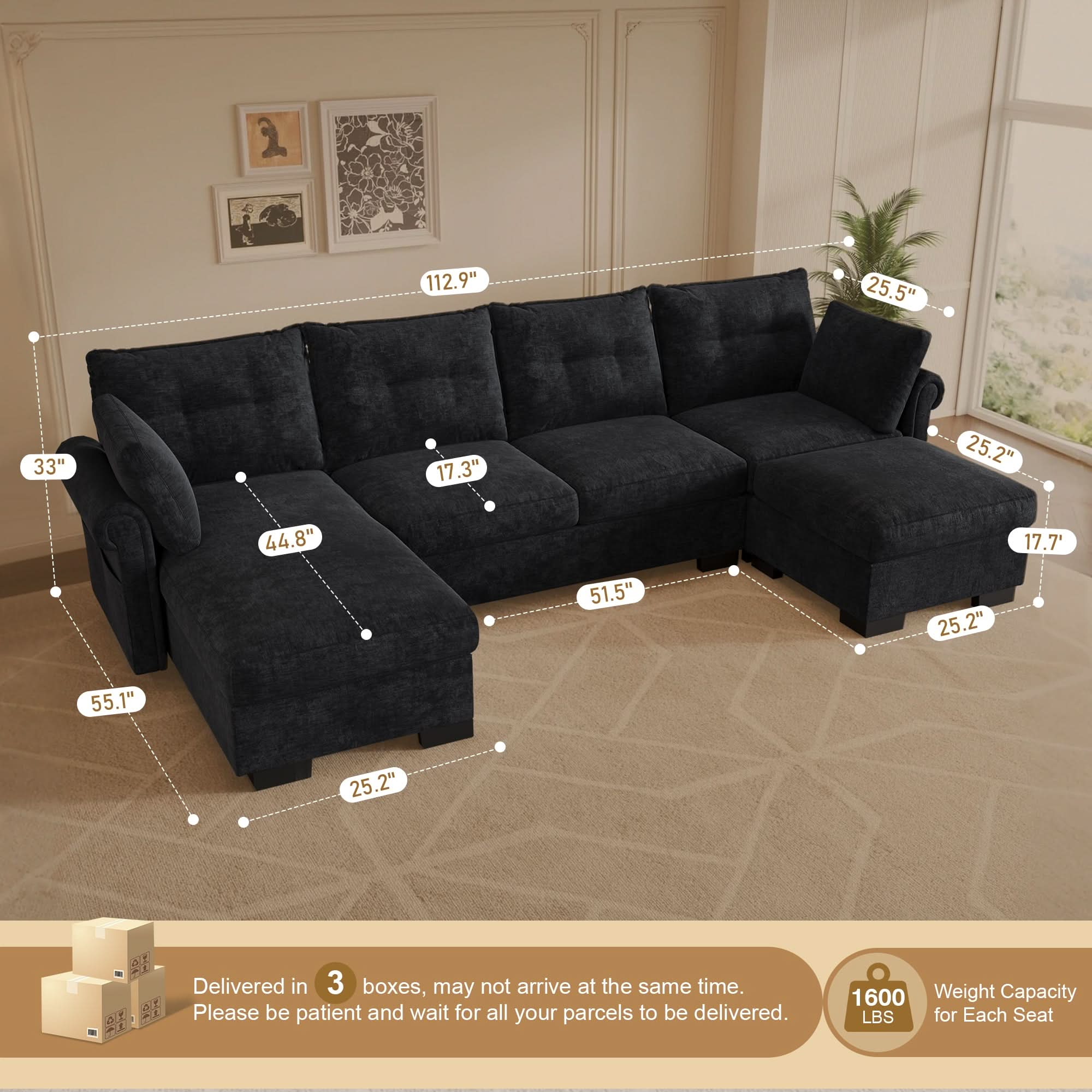 U Shaped Sectional Sofa Cloud Couch,Comfy Chenille Modular Sectional Couches with Ottoman