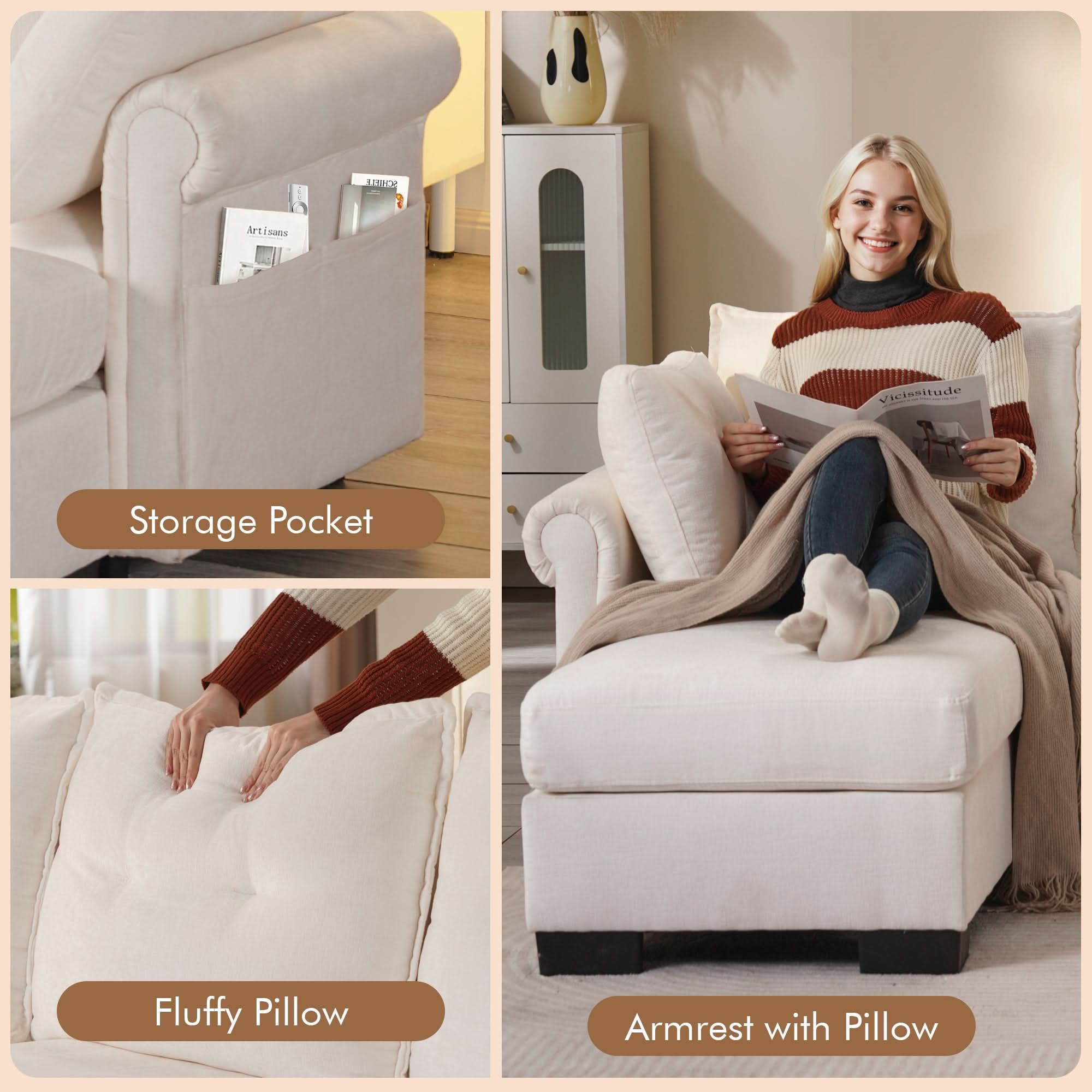 U Shaped Sectional Sofa Cloud Couch,Comfy Chenille Modular Sectional Couches with Ottoman