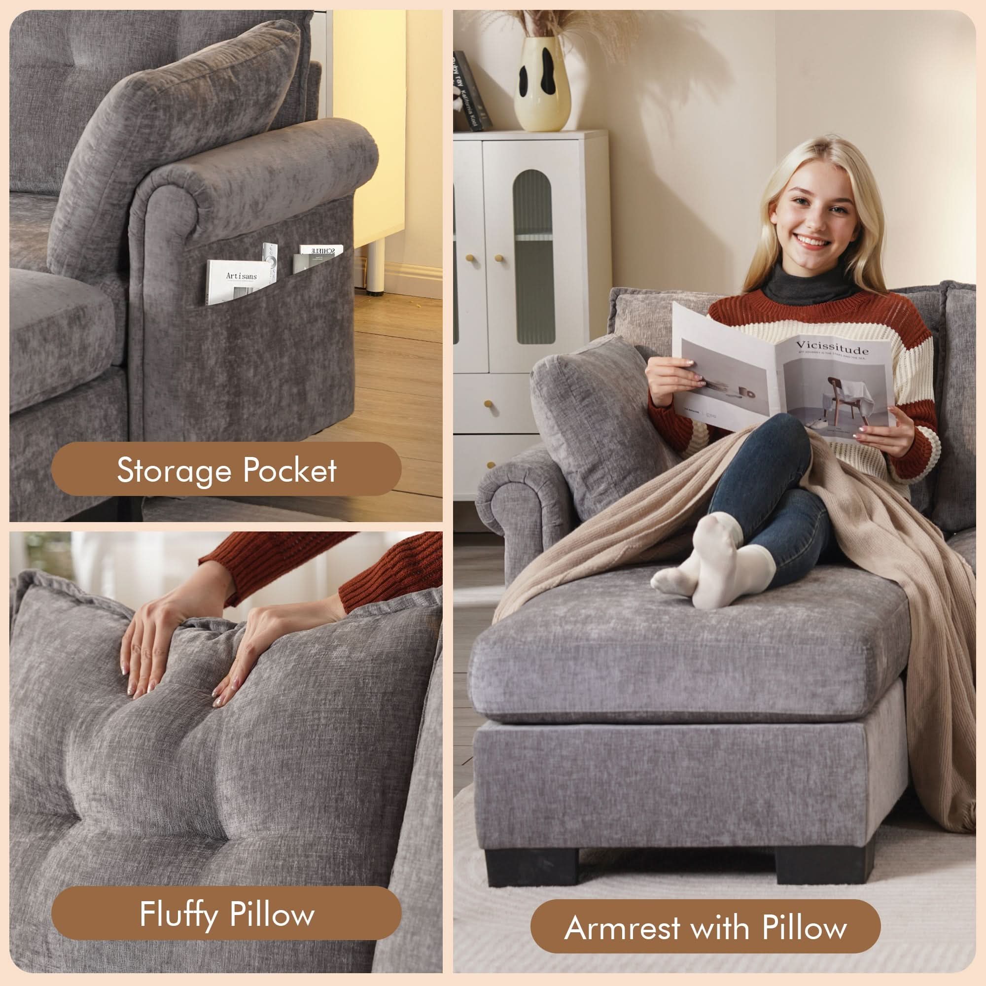 U Shaped Sectional Sofa Cloud Couch,Comfy Chenille Modular Sectional Couches with Ottoman