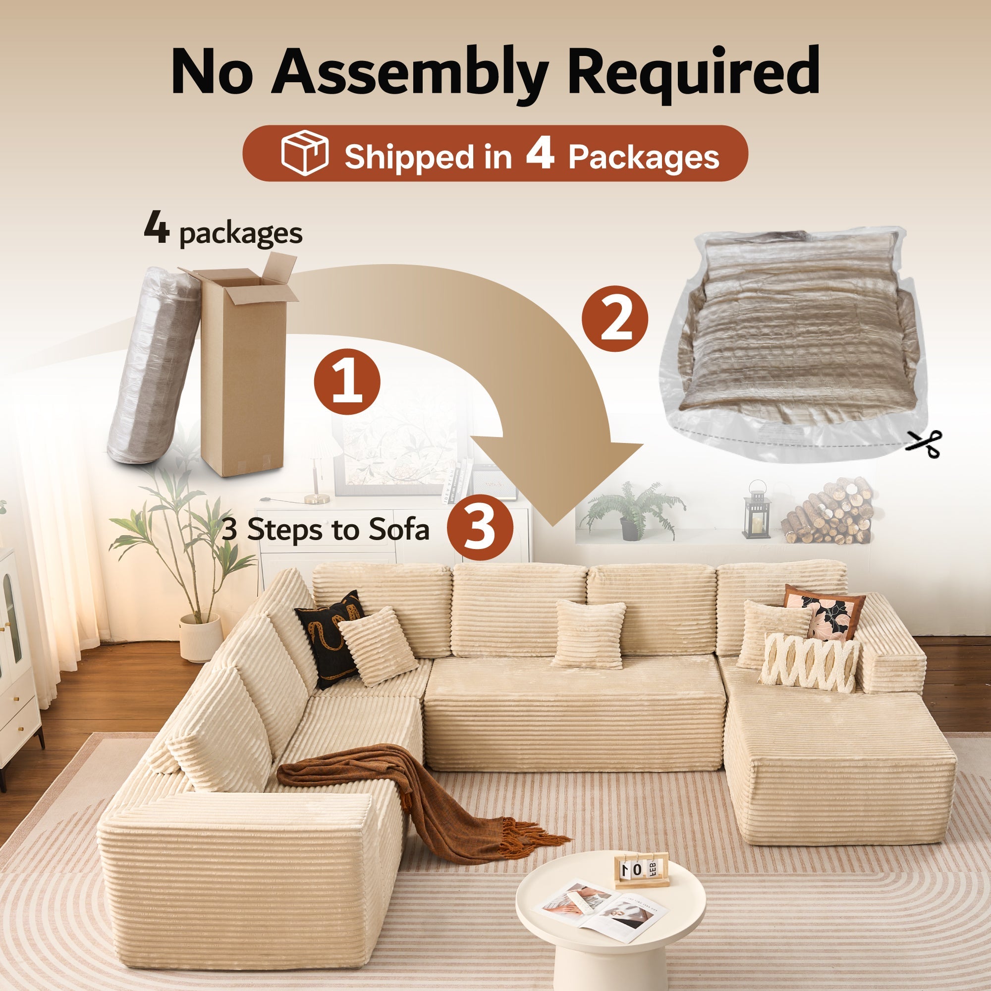 Modular Cloud Sofa with Memory Foam & L-Shaped Chaise,Corduroy Fabric Sofa, No Assembly Required