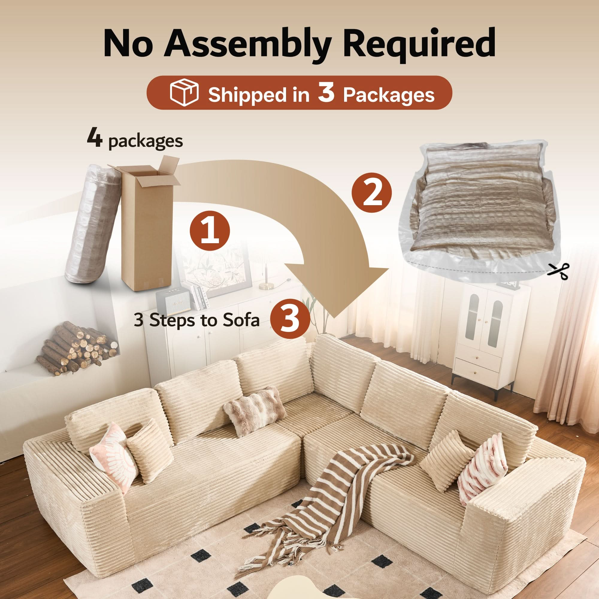 Modular Cloud Sofa with Memory Foam, L-Shaped Chaise & Corduroy Upholstery - No Assembly Required