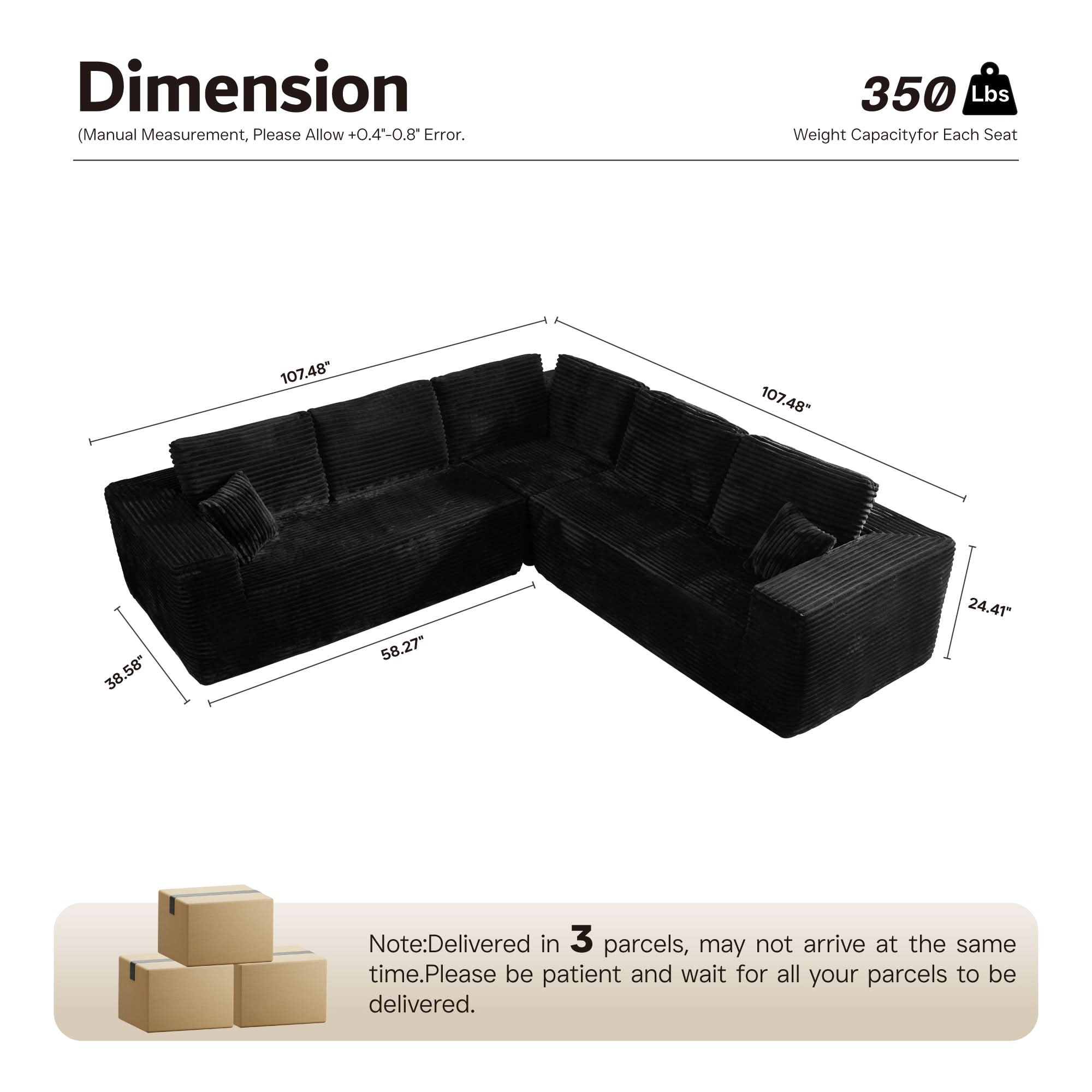 Modular Cloud Sofa with Memory Foam, L-Shaped Chaise & Corduroy Upholstery - No Assembly Required