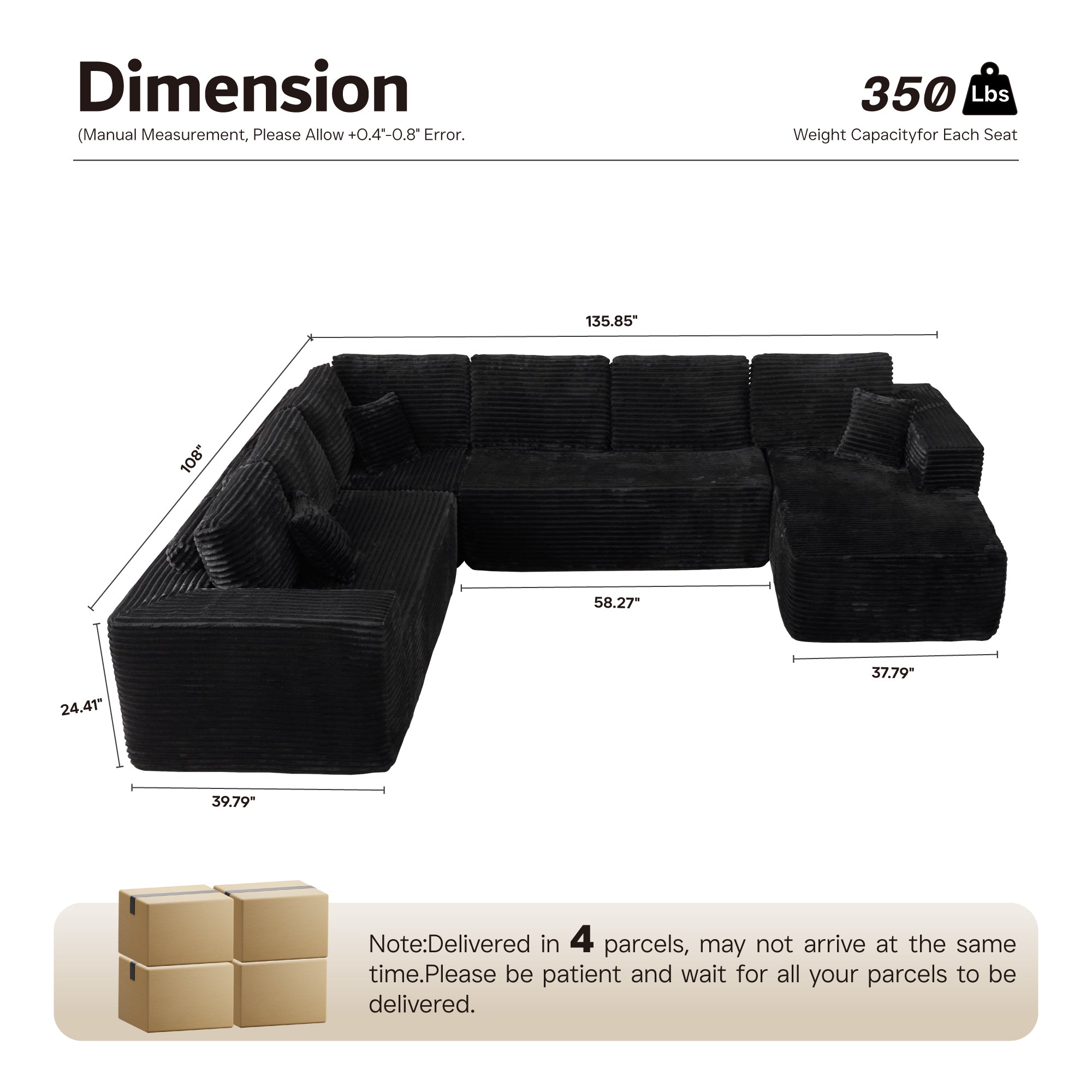 Modular Cloud Sofa with Memory Foam & L-Shaped Chaise,Corduroy Fabric Sofa, No Assembly Required