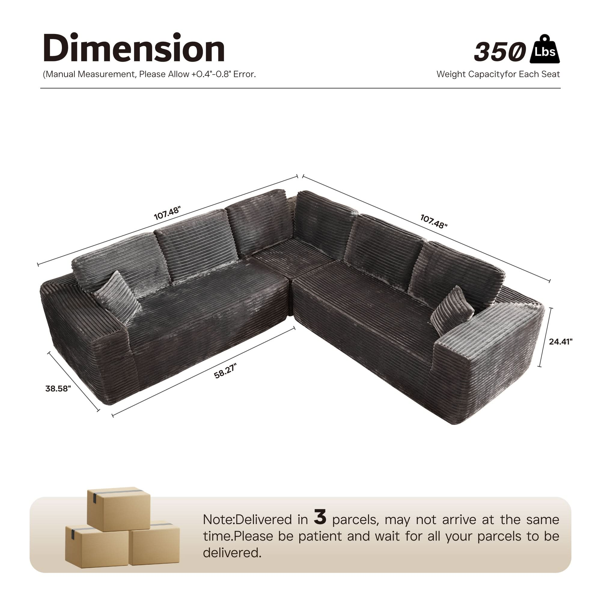 Modular Cloud Sofa with Memory Foam, L-Shaped Chaise & Corduroy Upholstery - No Assembly Required