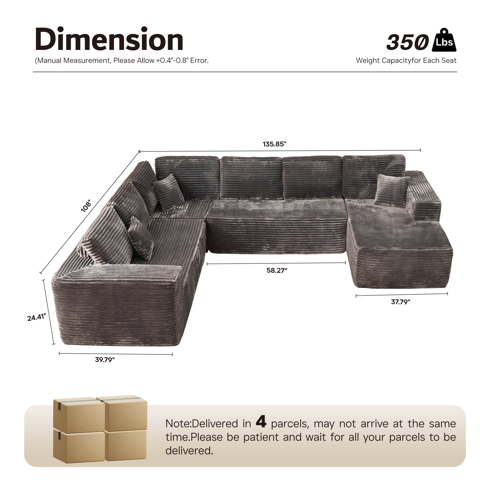 Modular Cloud Sofa with Memory Foam & L-Shaped Chaise,Corduroy Fabric Sofa, No Assembly Required