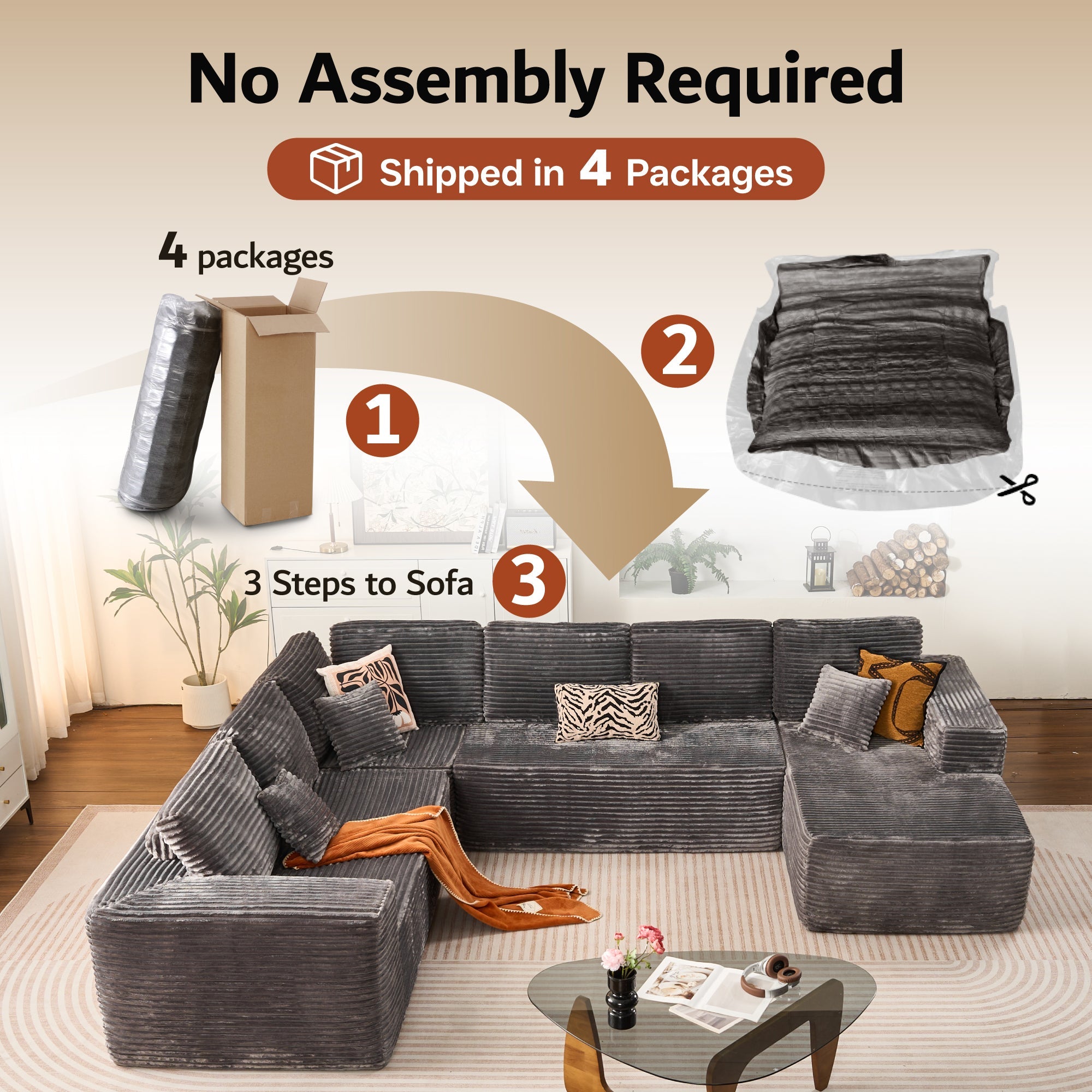 Modular Cloud Sofa with Memory Foam & L-Shaped Chaise,Corduroy Fabric Sofa, No Assembly Required