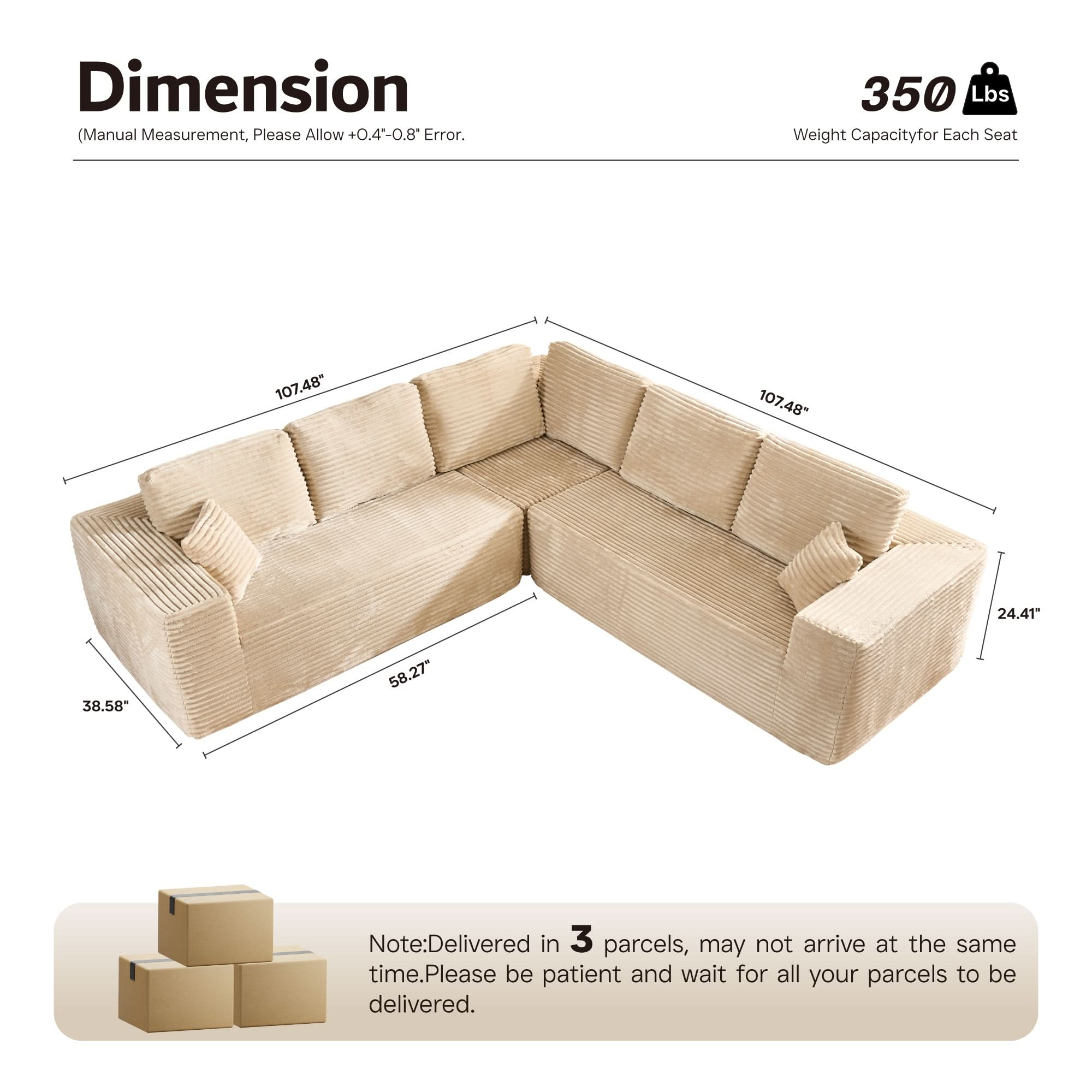 Modular Cloud Sofa with Memory Foam, L-Shaped Chaise & Corduroy Upholstery - No Assembly Required