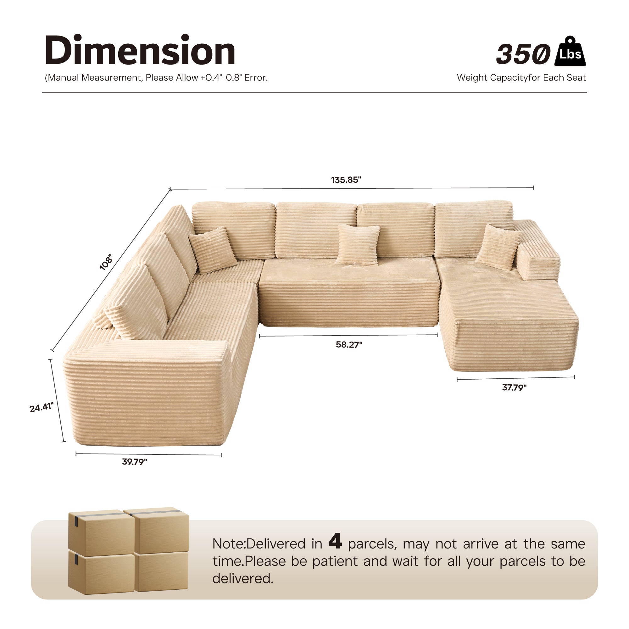 Modular Cloud Sofa with Memory Foam & L-Shaped Chaise,Corduroy Fabric Sofa, No Assembly Required