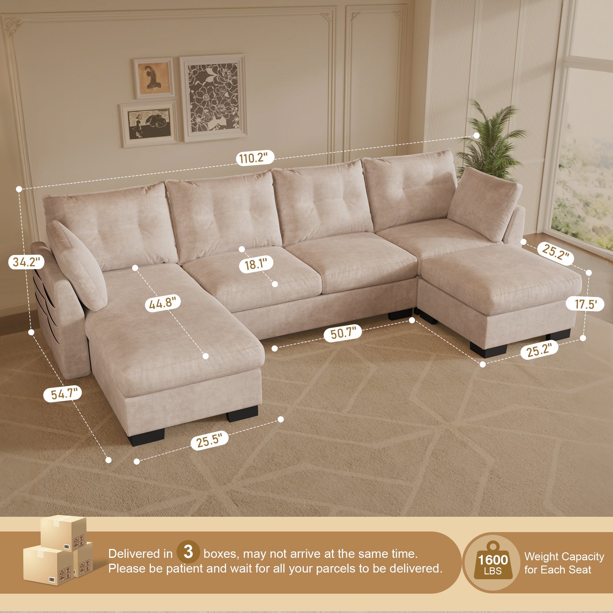 Cloud U Shaped Couch, Modular Sectional Comfy Couch Set with Movable Ottoman