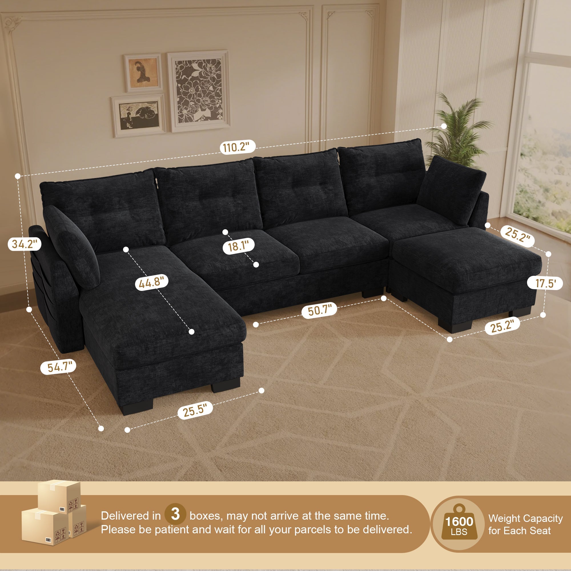 Cloud U Shaped Couch, Modular Sectional Comfy Couch Set with Movable Ottoman